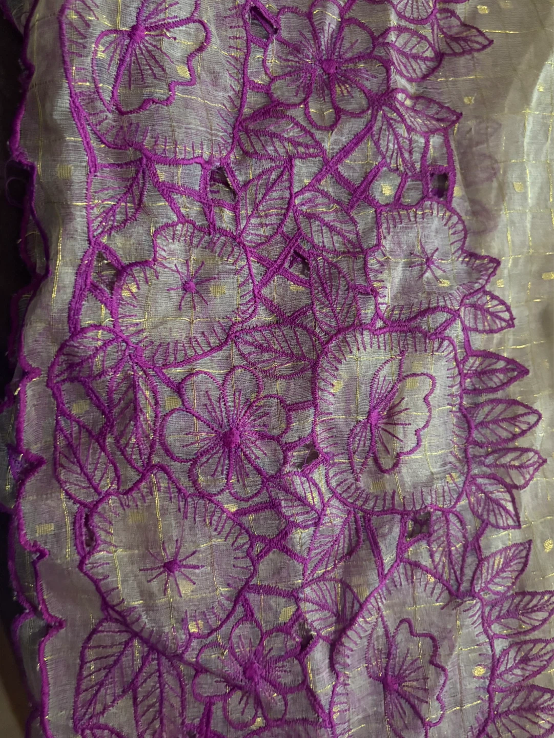 Sheer Scarf with Purple Floral Embroidery