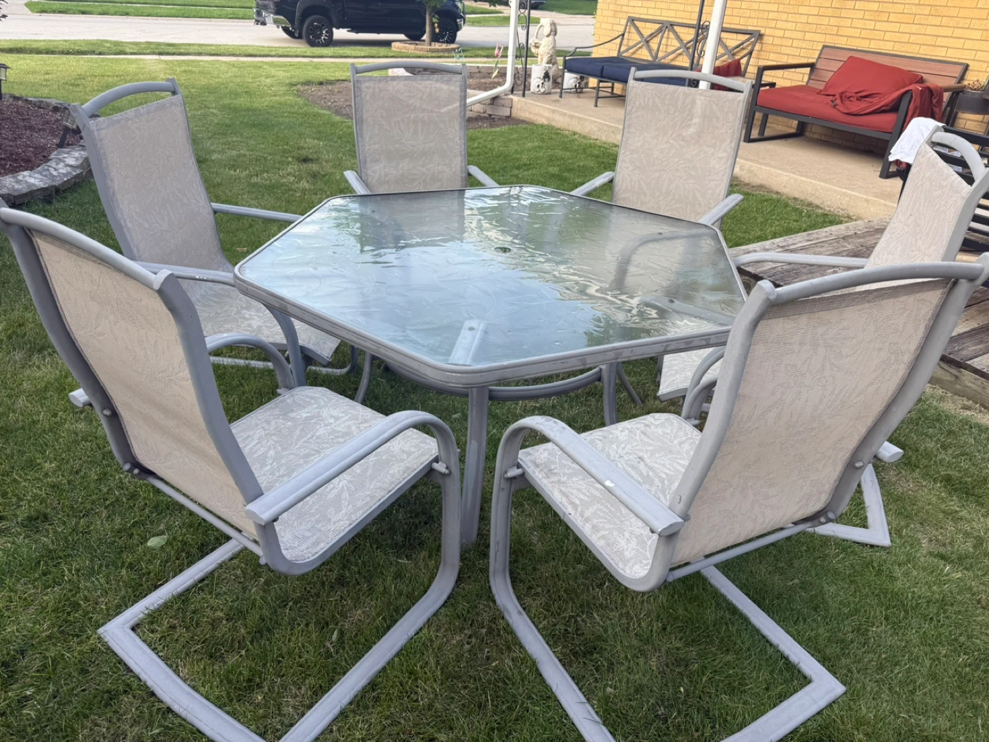 Patio Dining Set – Glass Top Table with 6 Sling Chairs