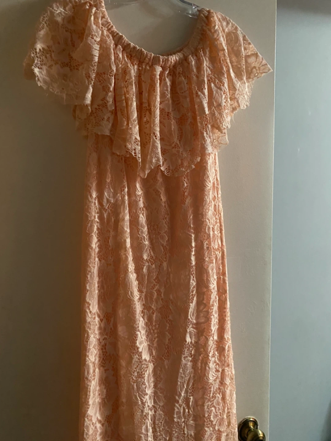 Peach Lace Off-the-Shoulder Maxi Dress