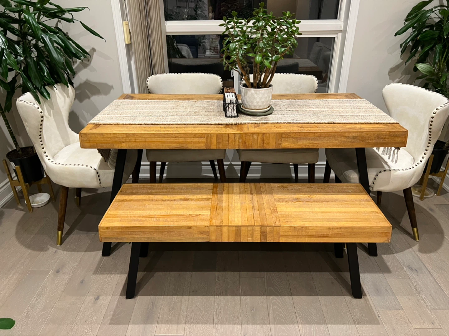 Structube Dining Table with Bench and Wayfair Chairs