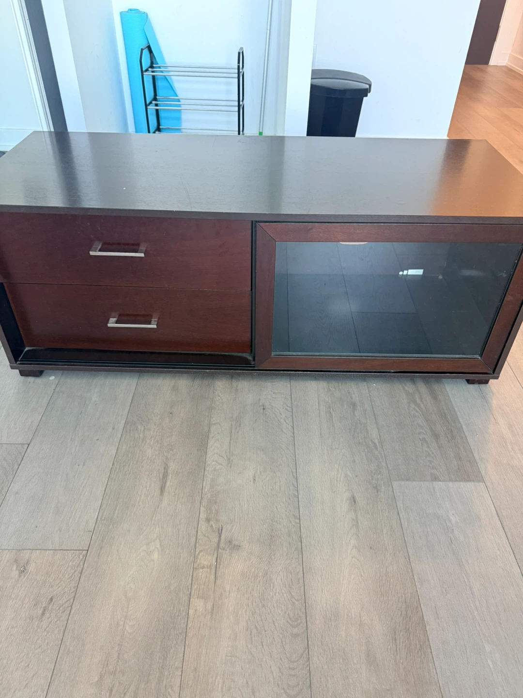 Dark Wood TV Stand with Glass Door Cabinet and Drawers
