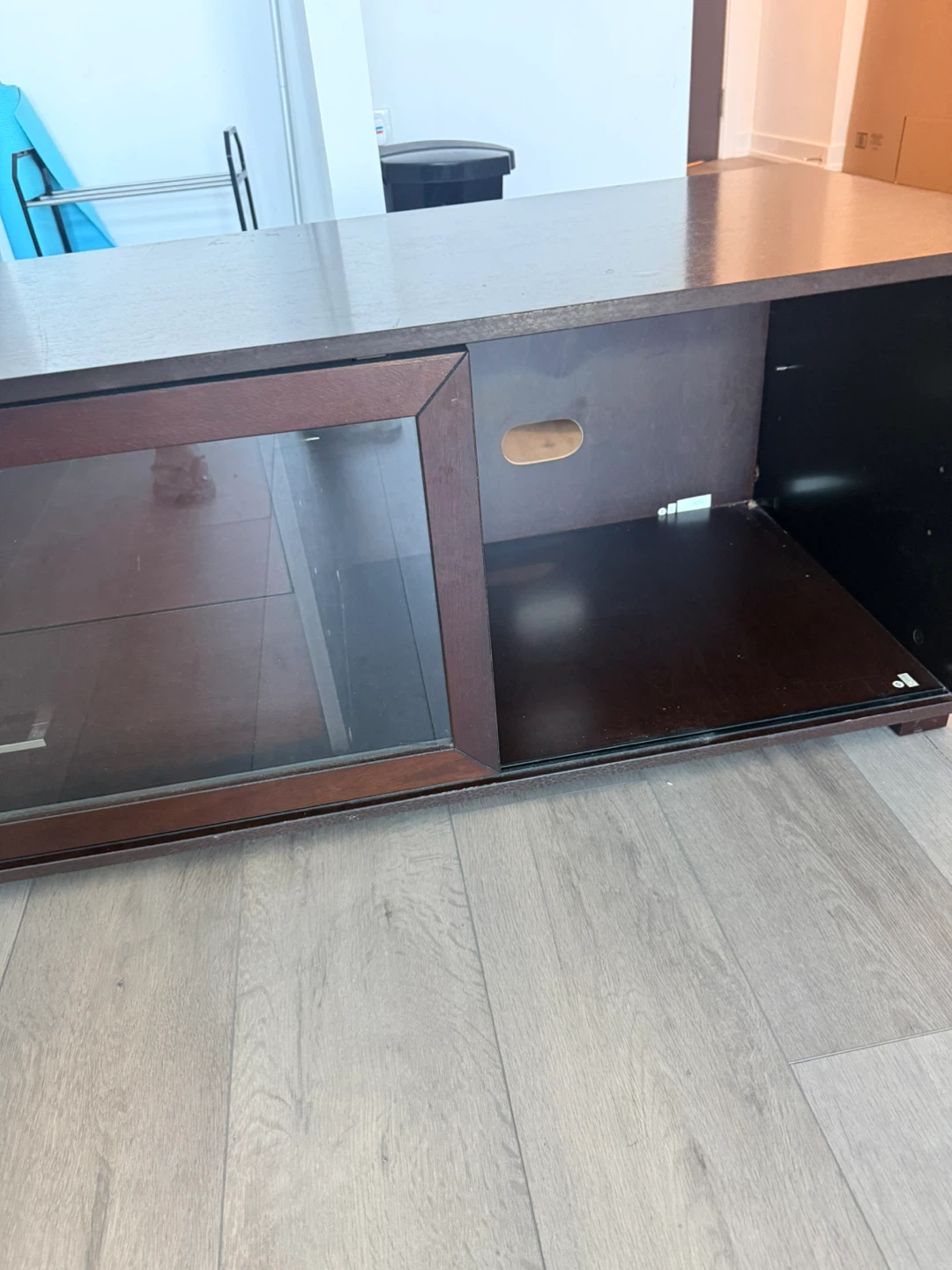Dark Wood TV Stand with Glass Door Cabinet and Drawers - photo 4