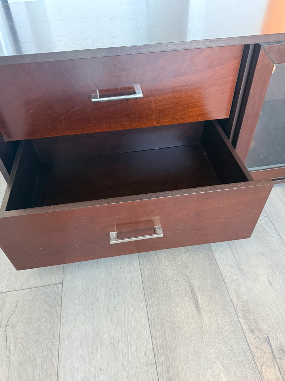 Dark Wood TV Stand with Glass Door Cabinet and Drawers - photo 3