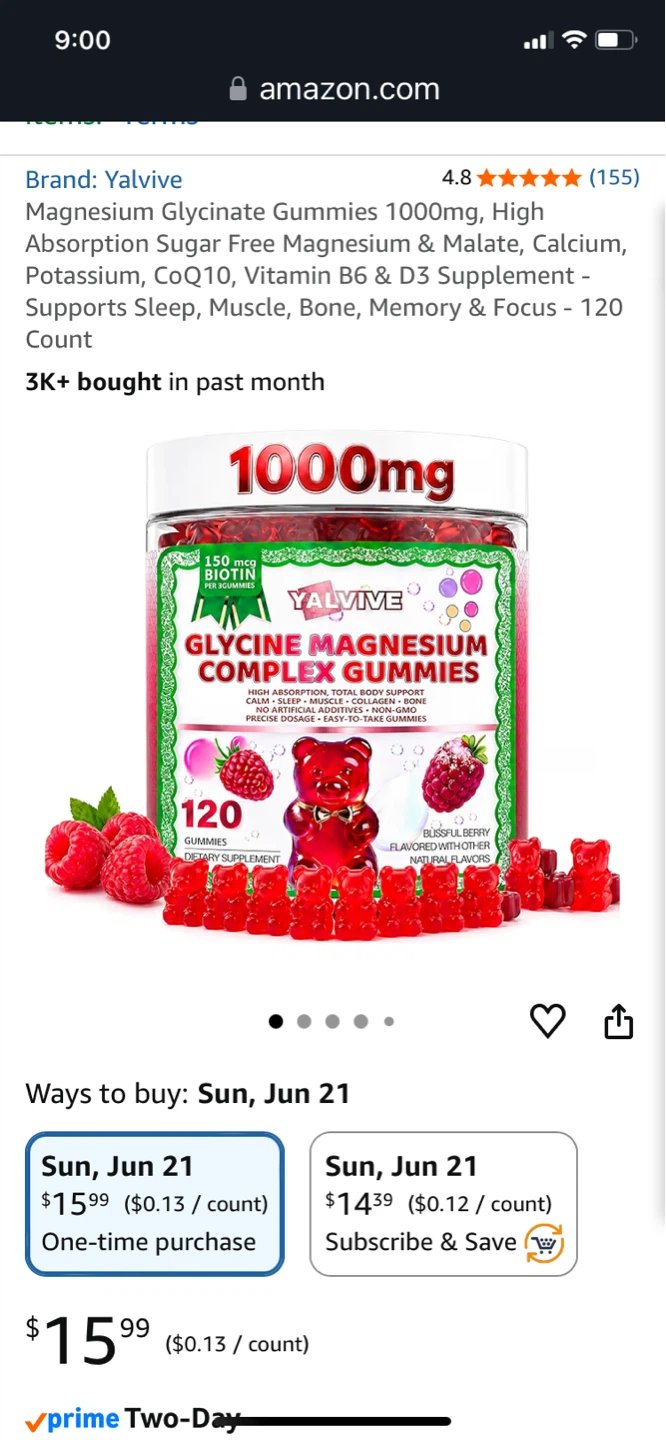 ⚽ Yalvive Magnesium Glycinate Gummies 1000mg - 120 Count