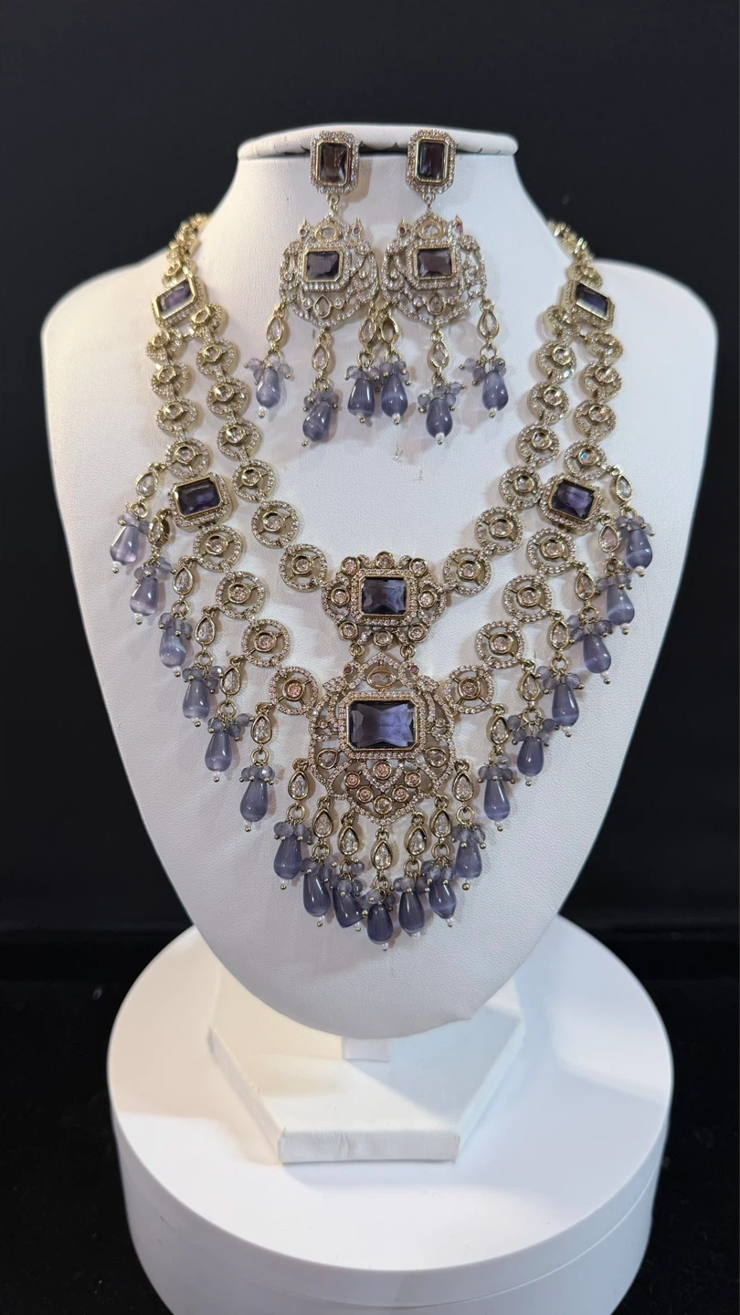 Purple double layer moissanite Necklace and Earrings Set