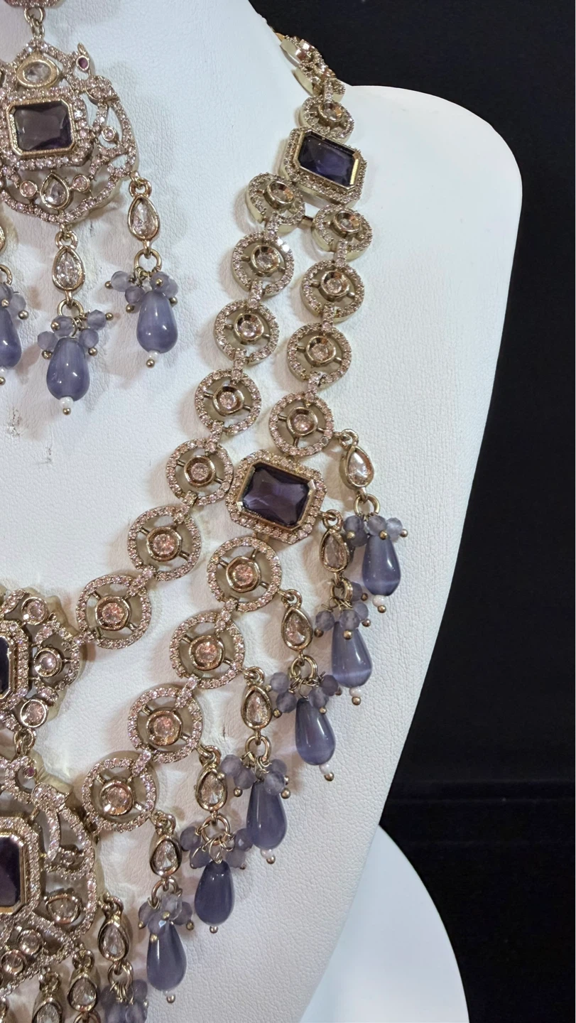 Purple double layer moissanite Necklace and Earrings Set - photo 4