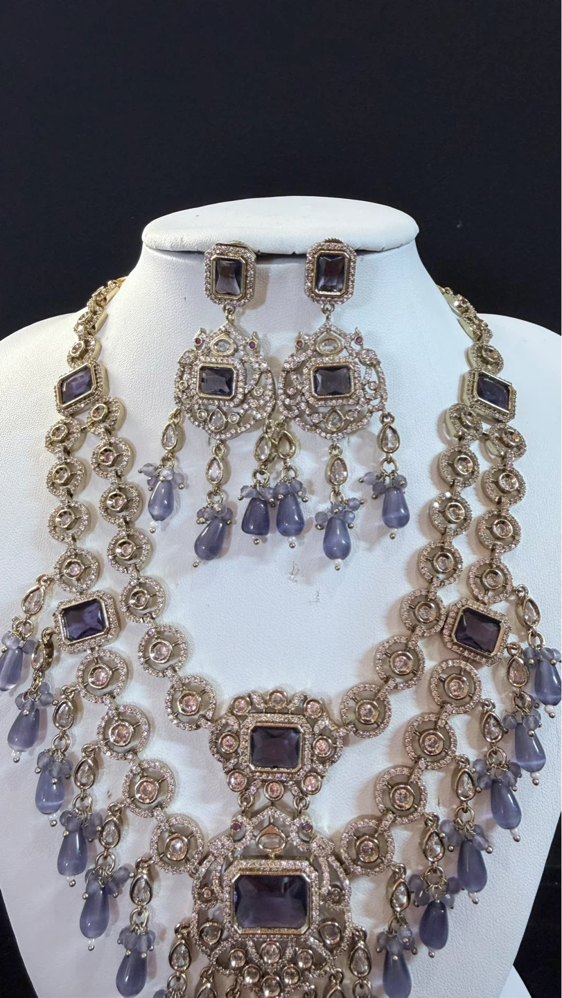 Purple double layer moissanite Necklace and Earrings Set - photo 2