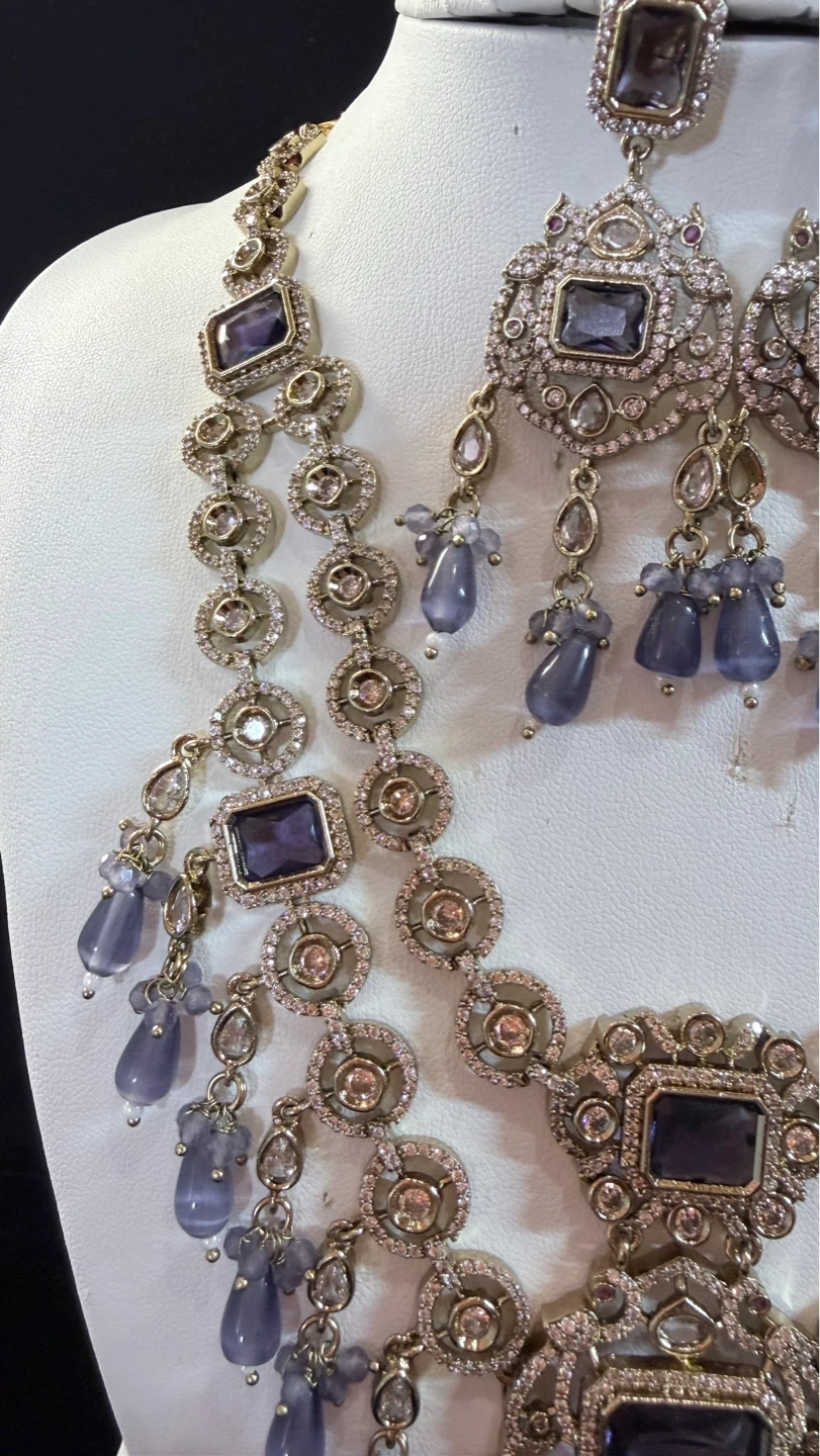 Purple double layer moissanite Necklace and Earrings Set - photo 5