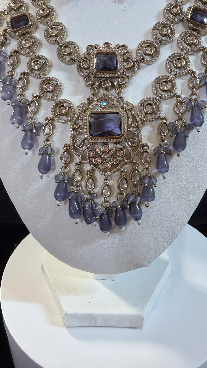 Purple double layer moissanite Necklace and Earrings Set - photo 3
