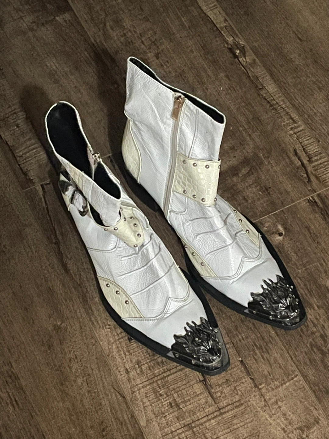 White Ankle Boots with Buckles and Zippers