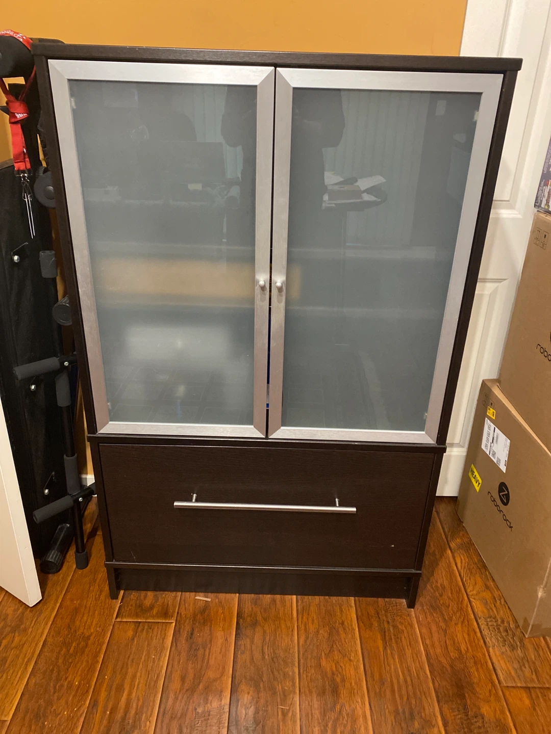 Dark Brown Cabinet with Frosted Glass Doors and Drawer