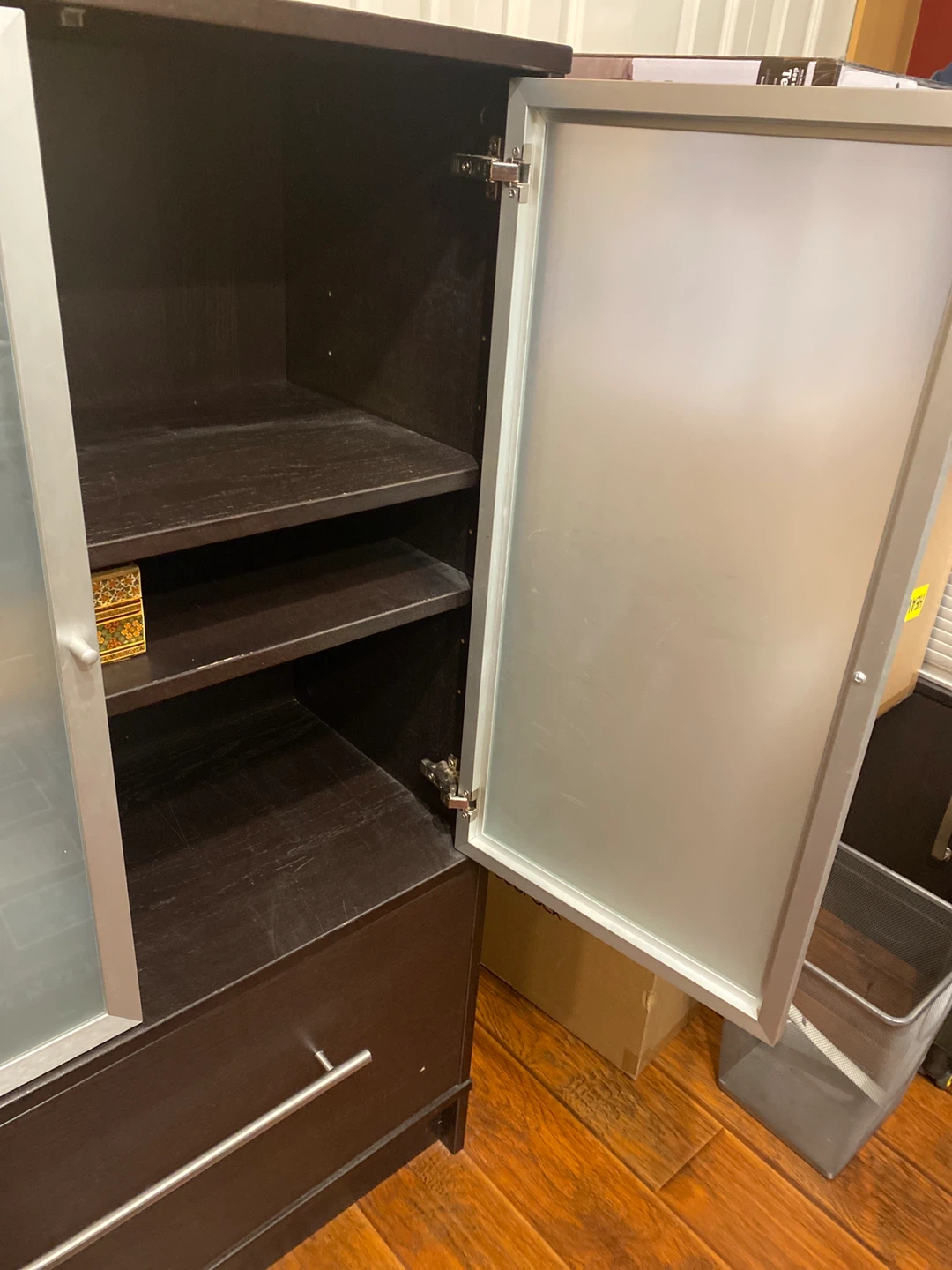 Dark Brown Cabinet with Frosted Glass Doors and Drawer - photo 3