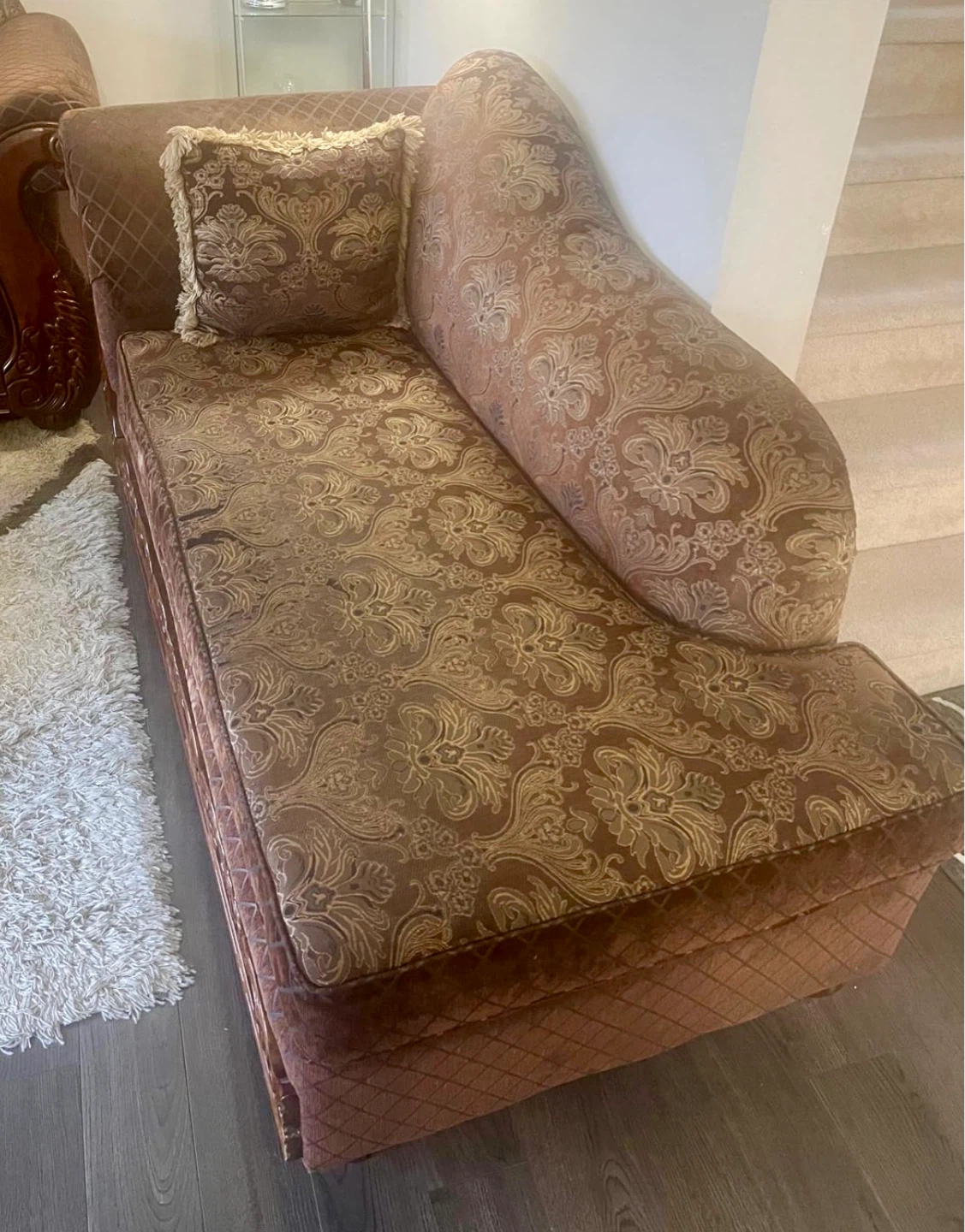 Brown Damask Sofa with Accent Pillows