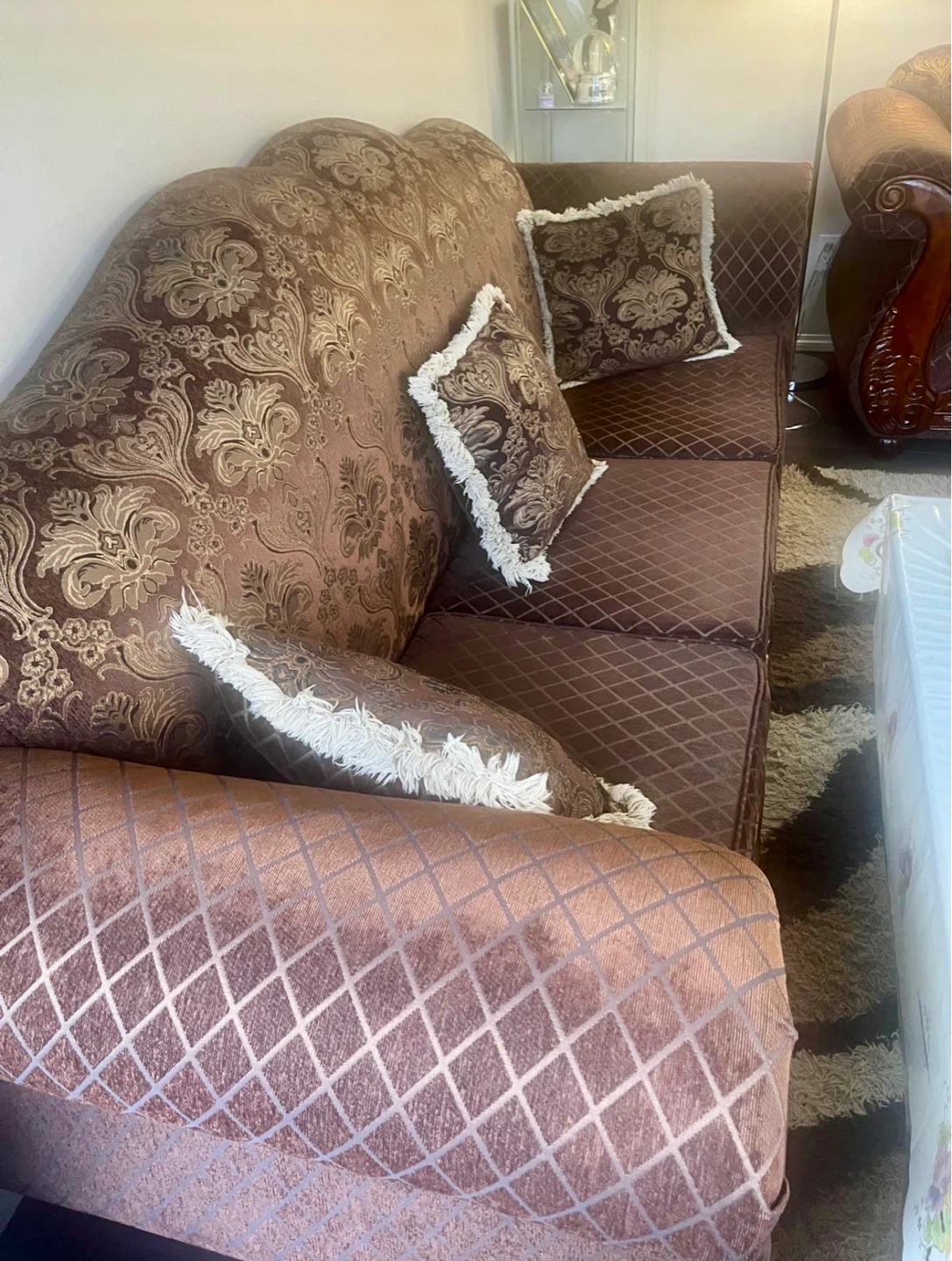 Brown Damask Sofa with Accent Pillows - photo 2