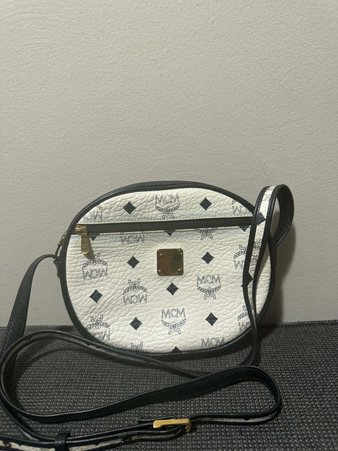 MCM Visetos Oval Crossbody Bag White