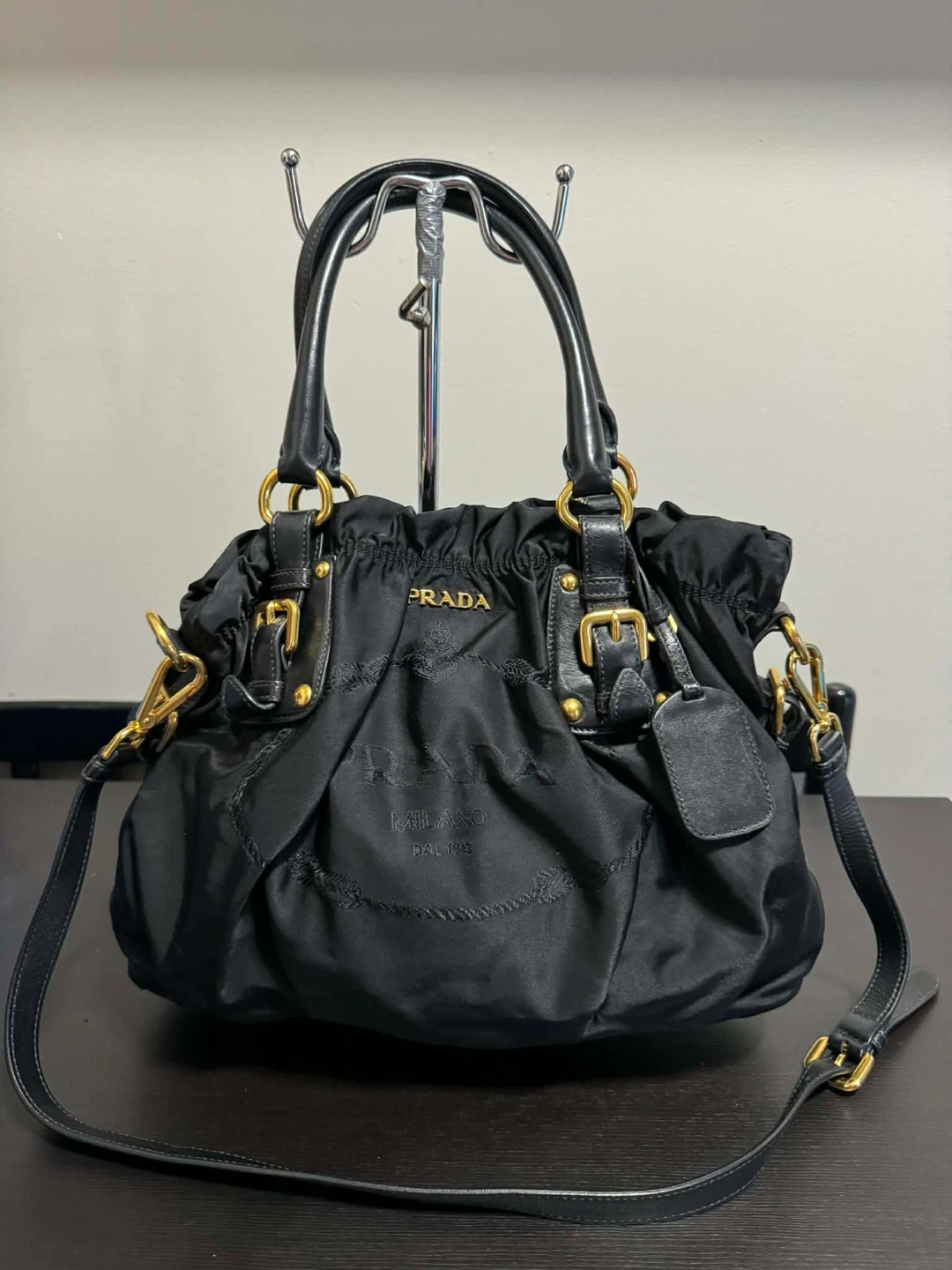 Prada Black Nylon Ruched Shoulder Bag