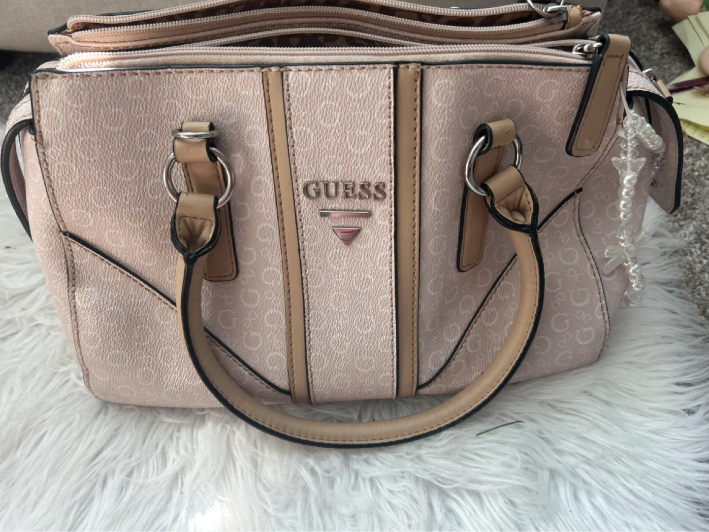 Guess Pink Monogram Satchel Handbag