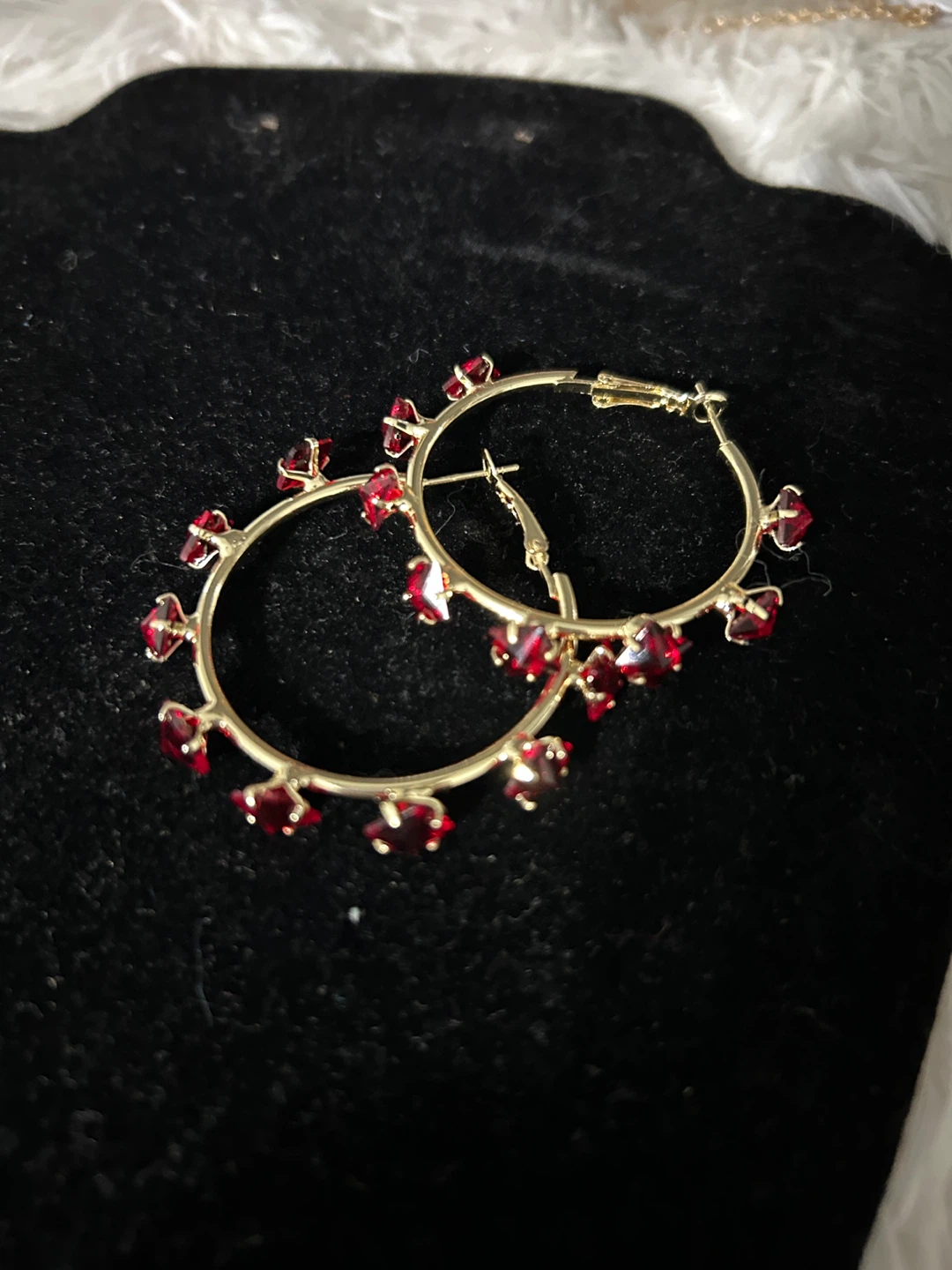 Gold Hoop Earrings with Red Gemstones - photo 3