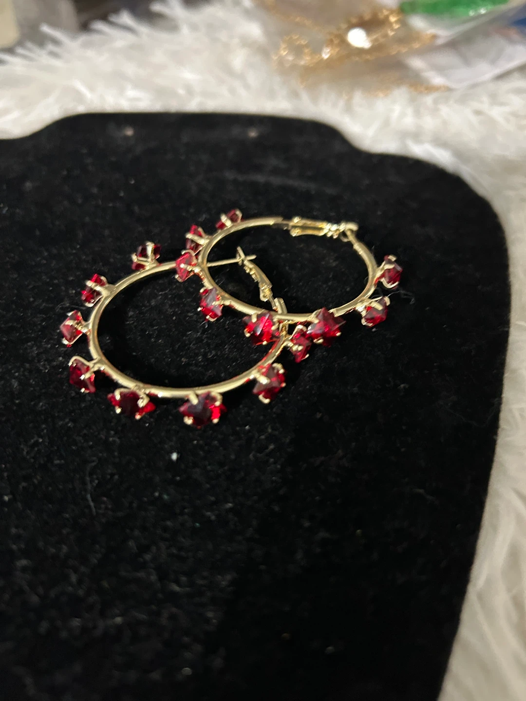 Gold Hoop Earrings with Red Gemstones