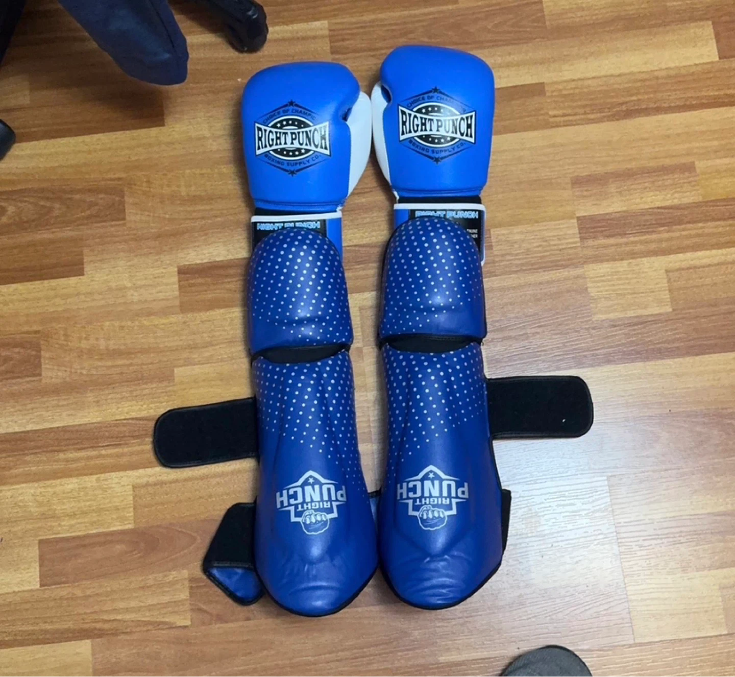 Right Punch Blue Boxing Gloves and Shin Guards Set