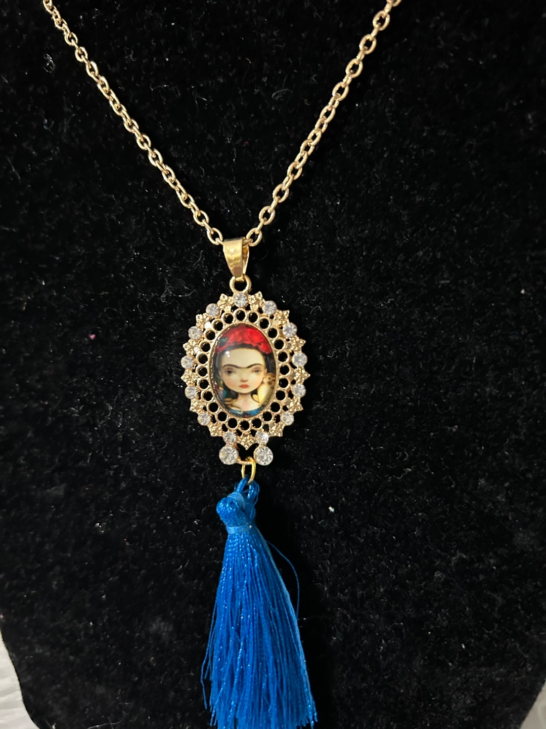 Frida Kahlo Pendant Necklace with Blue Tassel