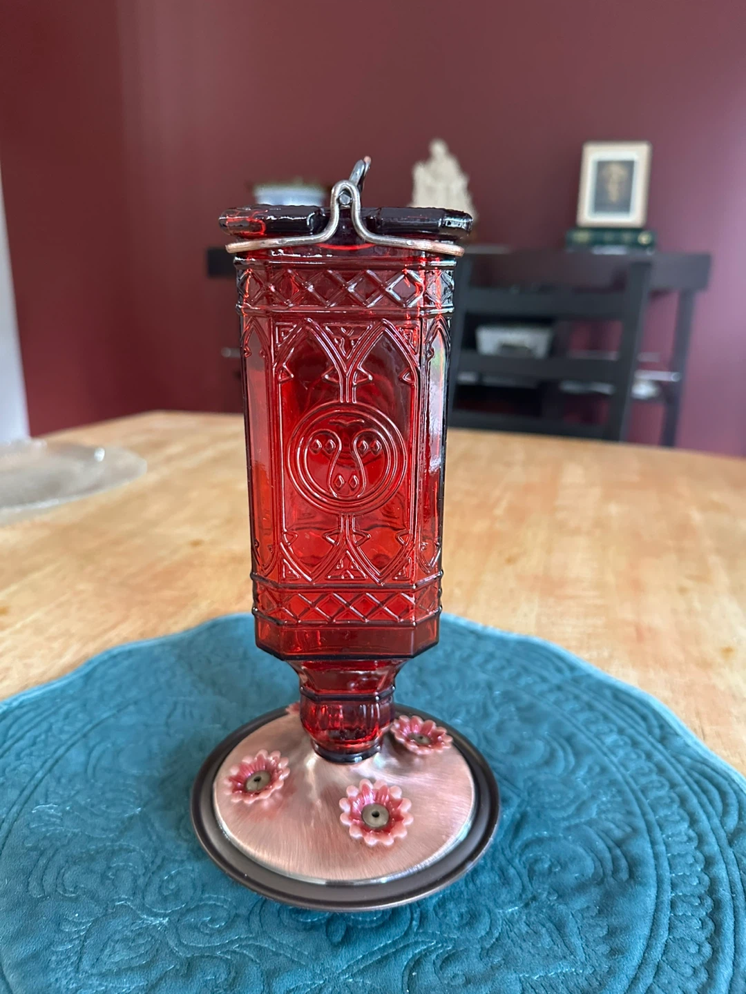Antique Red Bottle Glass Hummingbird Feeder - photo 4