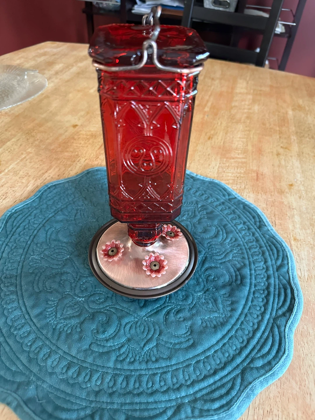 Antique Red Bottle Glass Hummingbird Feeder - photo 5