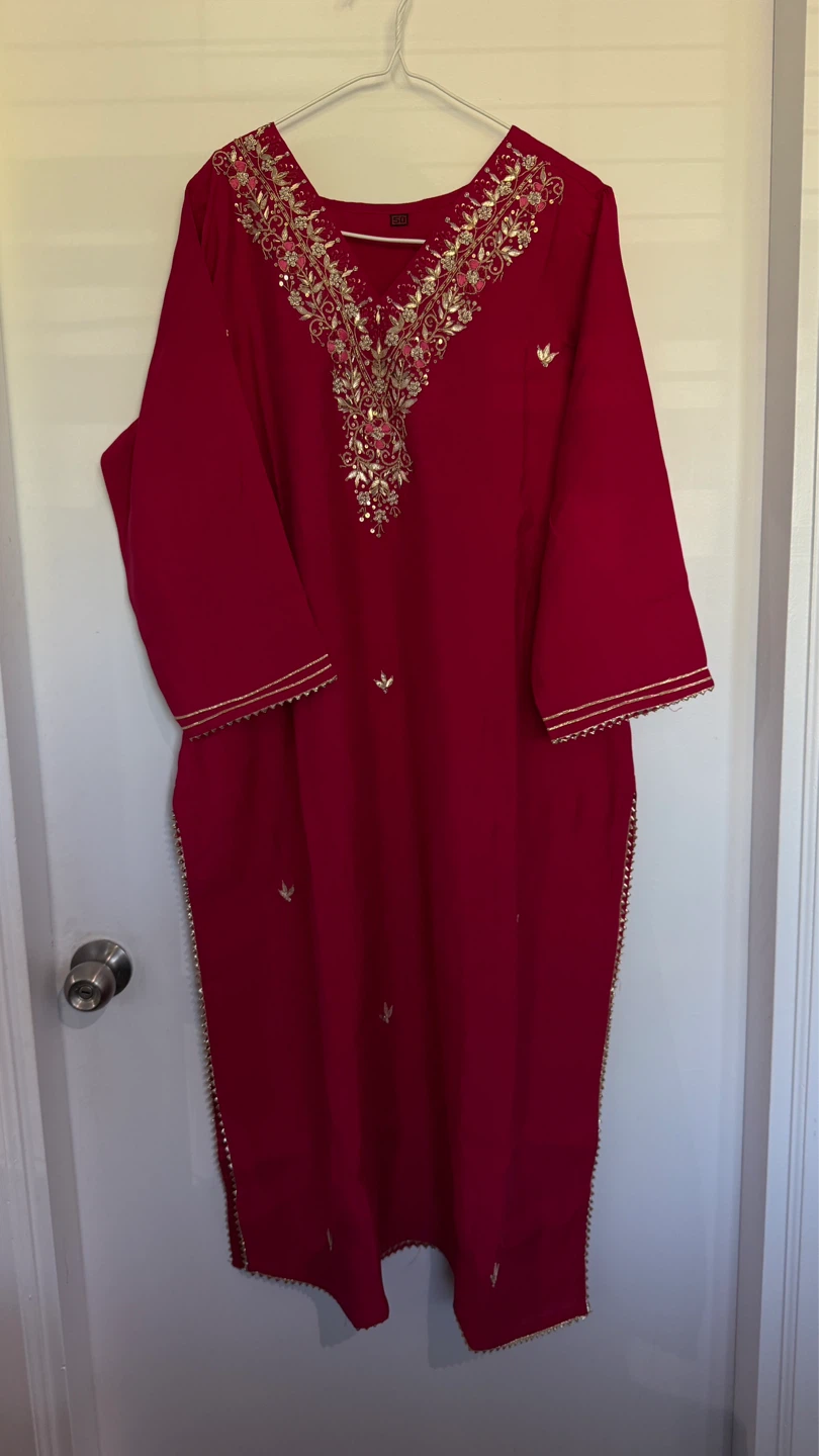 Party wear Women's Red Kurti, Pants, and Dupatta Set
