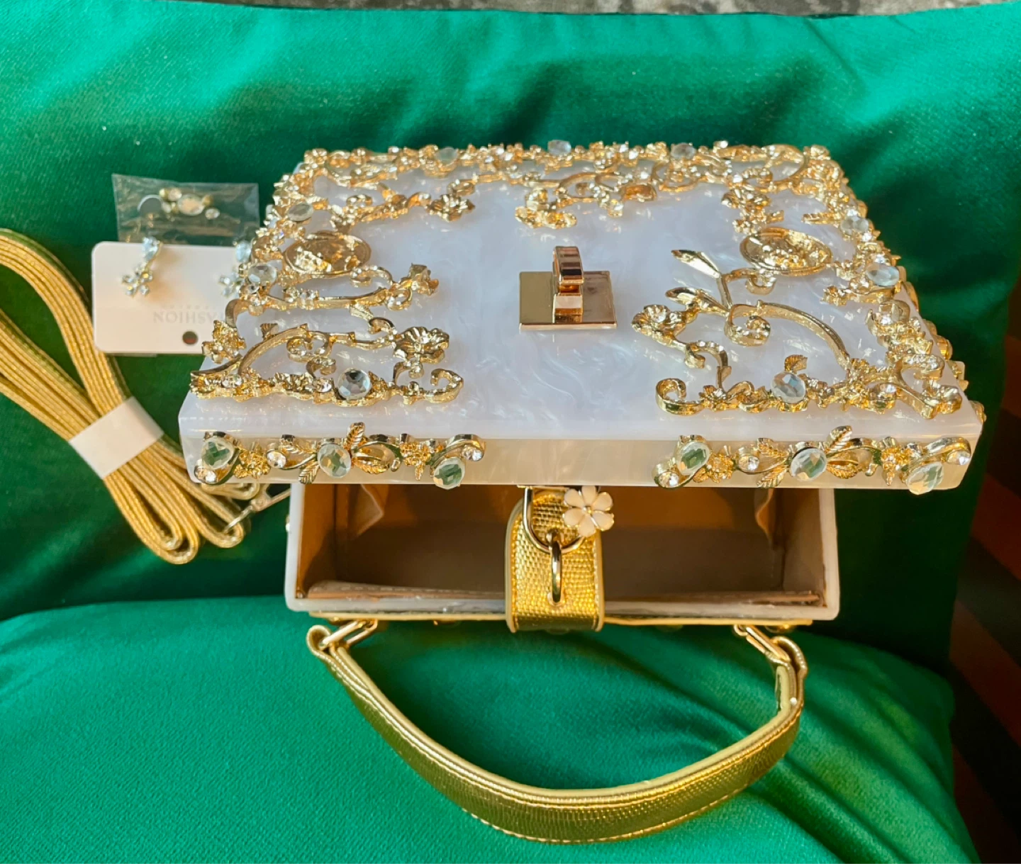 Embellished White Box Clutch with Gold Chain Strap - photo 2