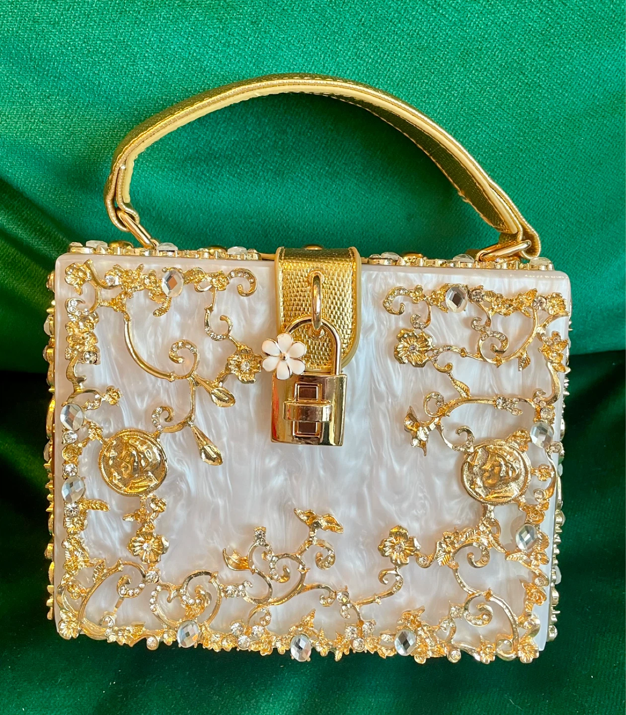 Embellished White Box Clutch with Gold Chain Strap