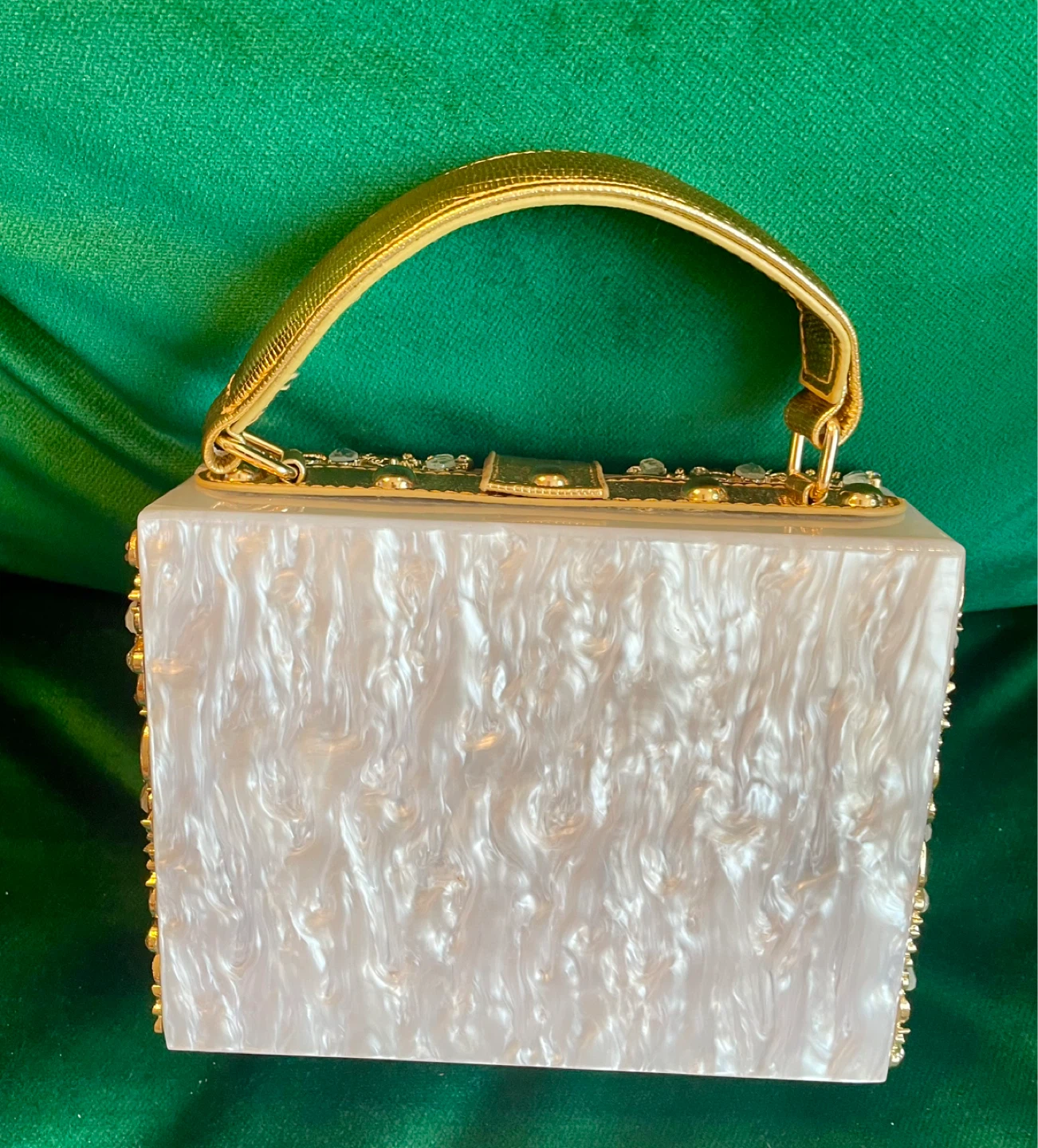 Embellished White Box Clutch with Gold Chain Strap - photo 3