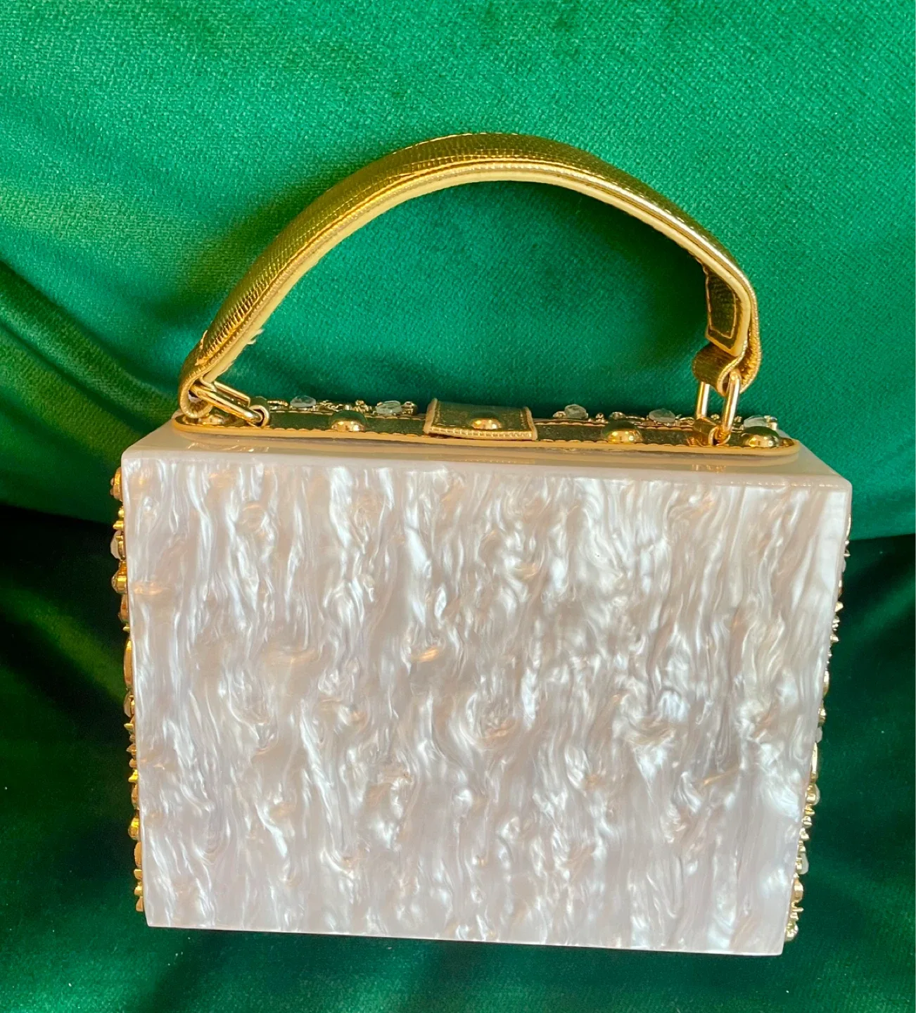 Embellished White Box Clutch with Gold Chain Strap - photo 3