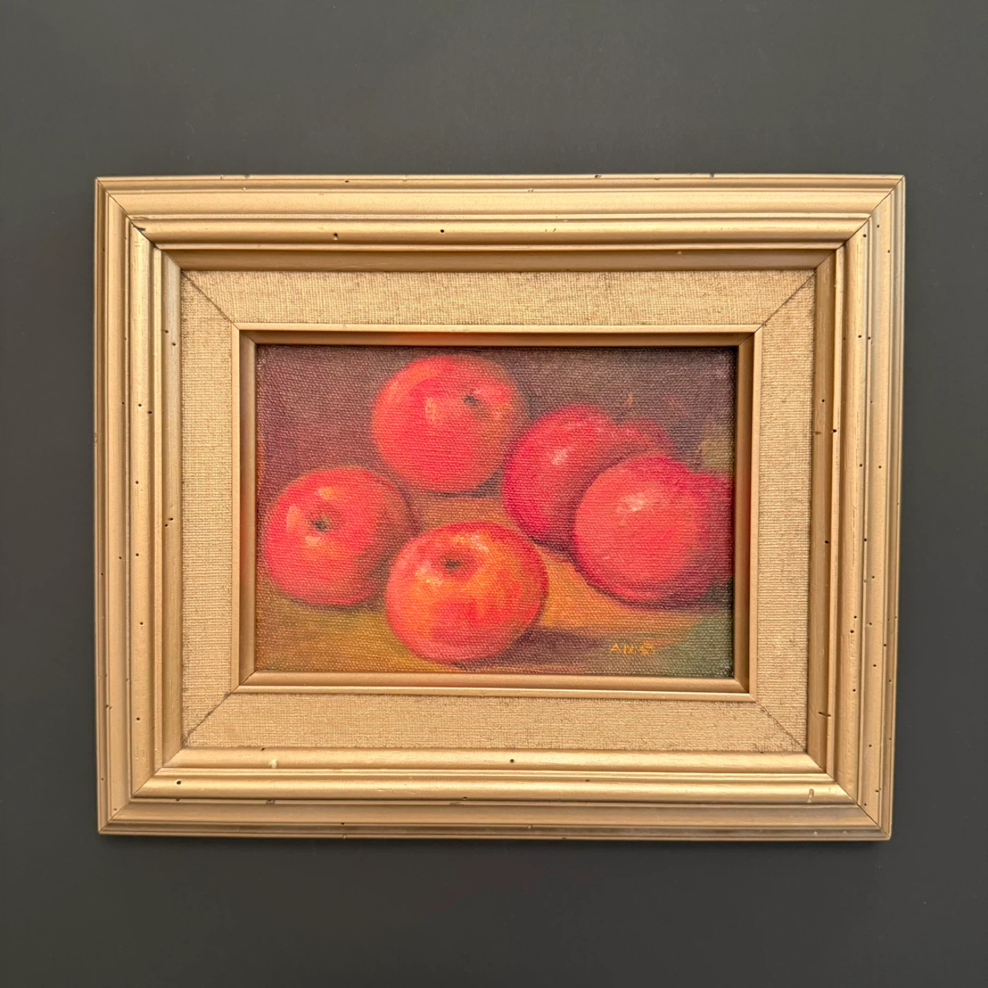 Small framed still life oil painting of apples