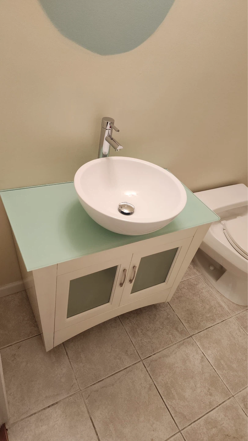 White Bathroom Vanity with Glass Top and Vessel Sink