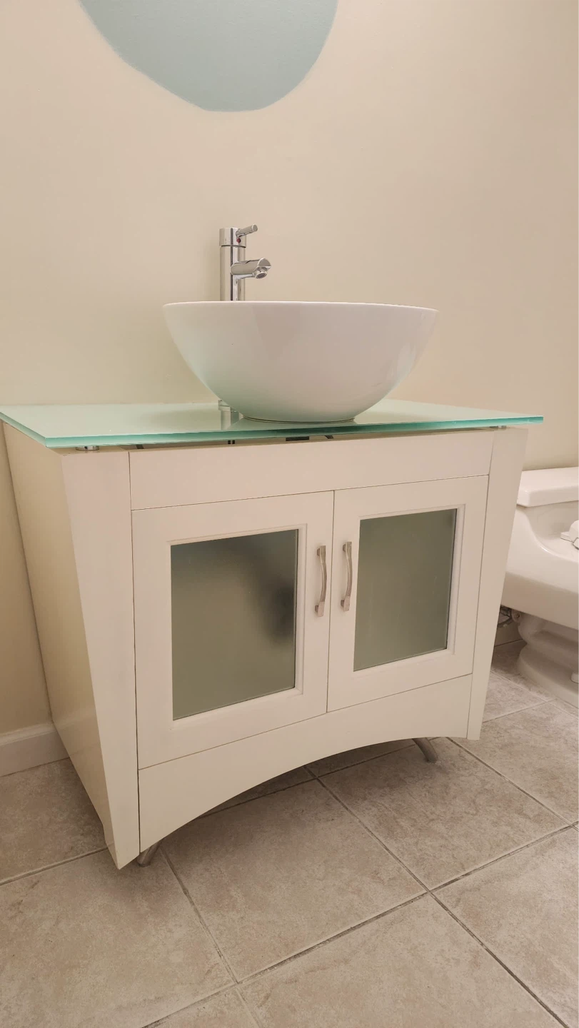 White Bathroom Vanity with Glass Top and Vessel Sink - photo 2