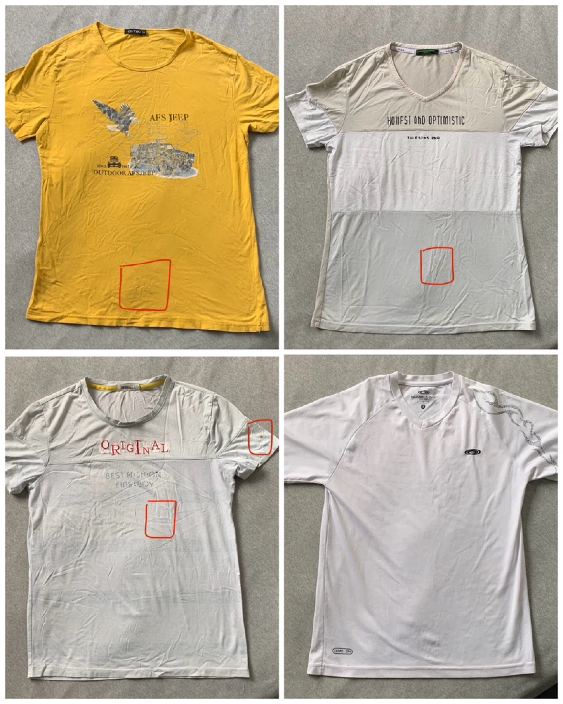 4 Men’s S/M Shirts ⚽️ ALL HAVE HOLES/STAINS (see red indicators)