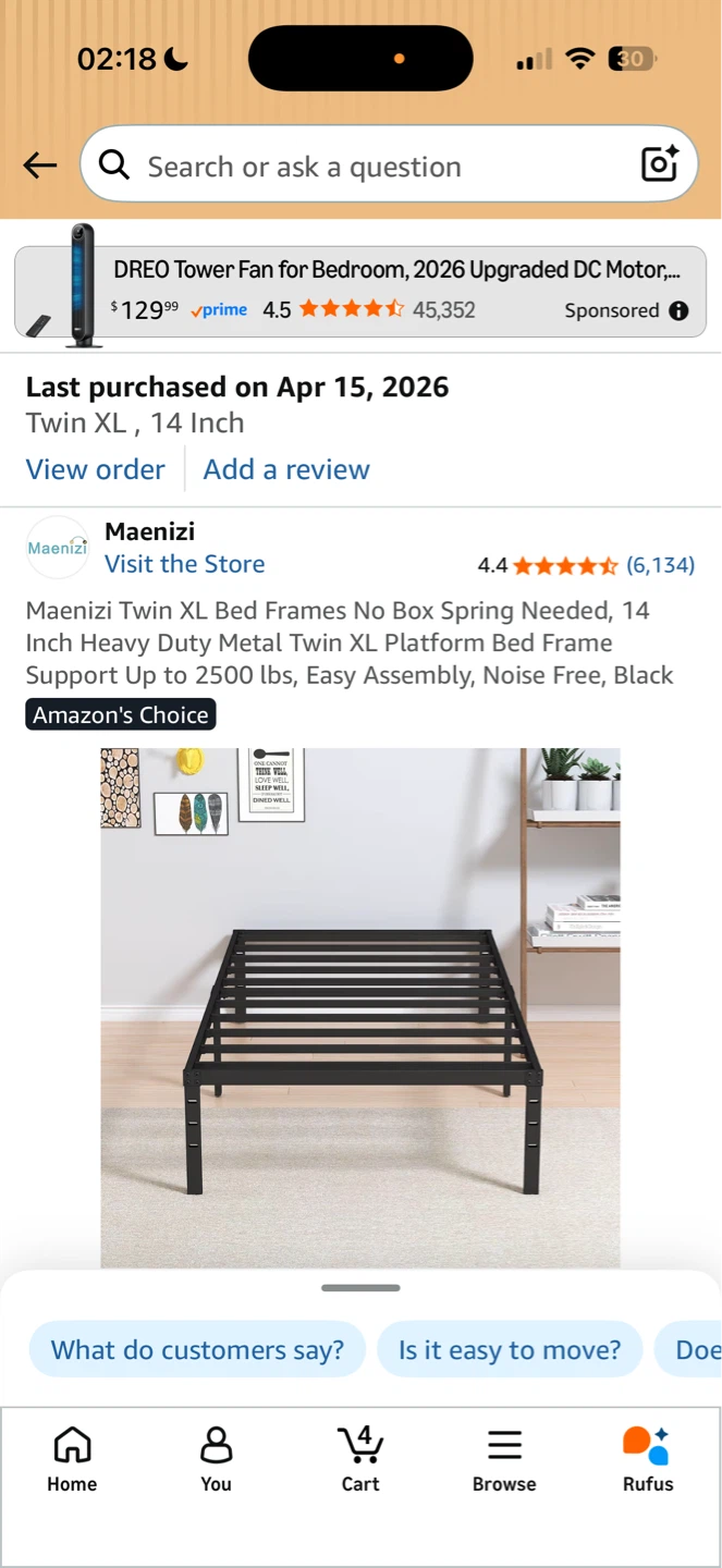 Memory foam mattress Twin XL with metal bed