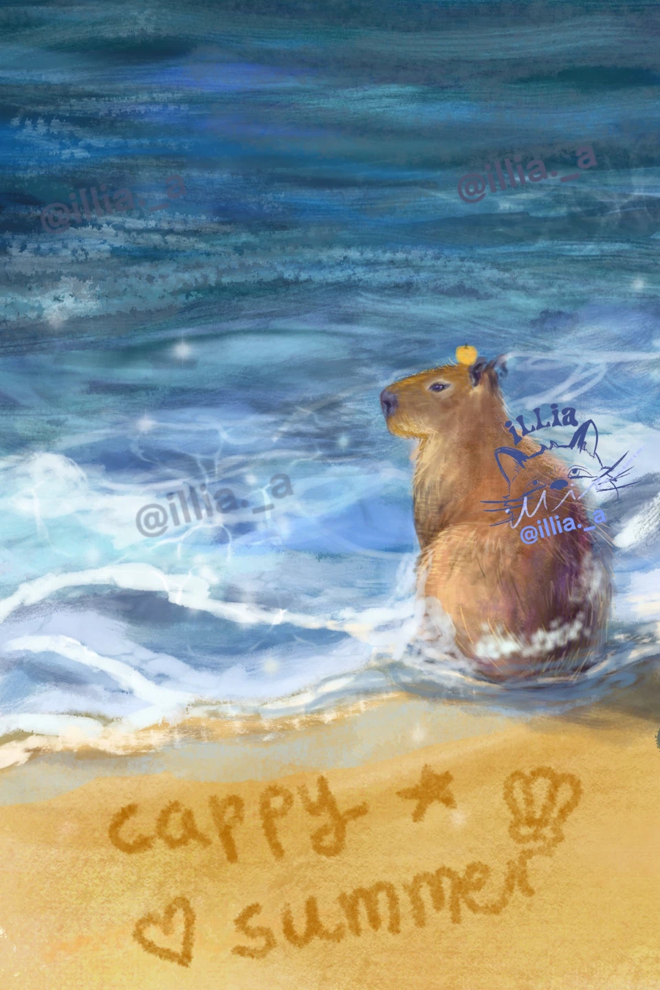 Capybara Summer Original Art Print Handdrawn by a Psych Student