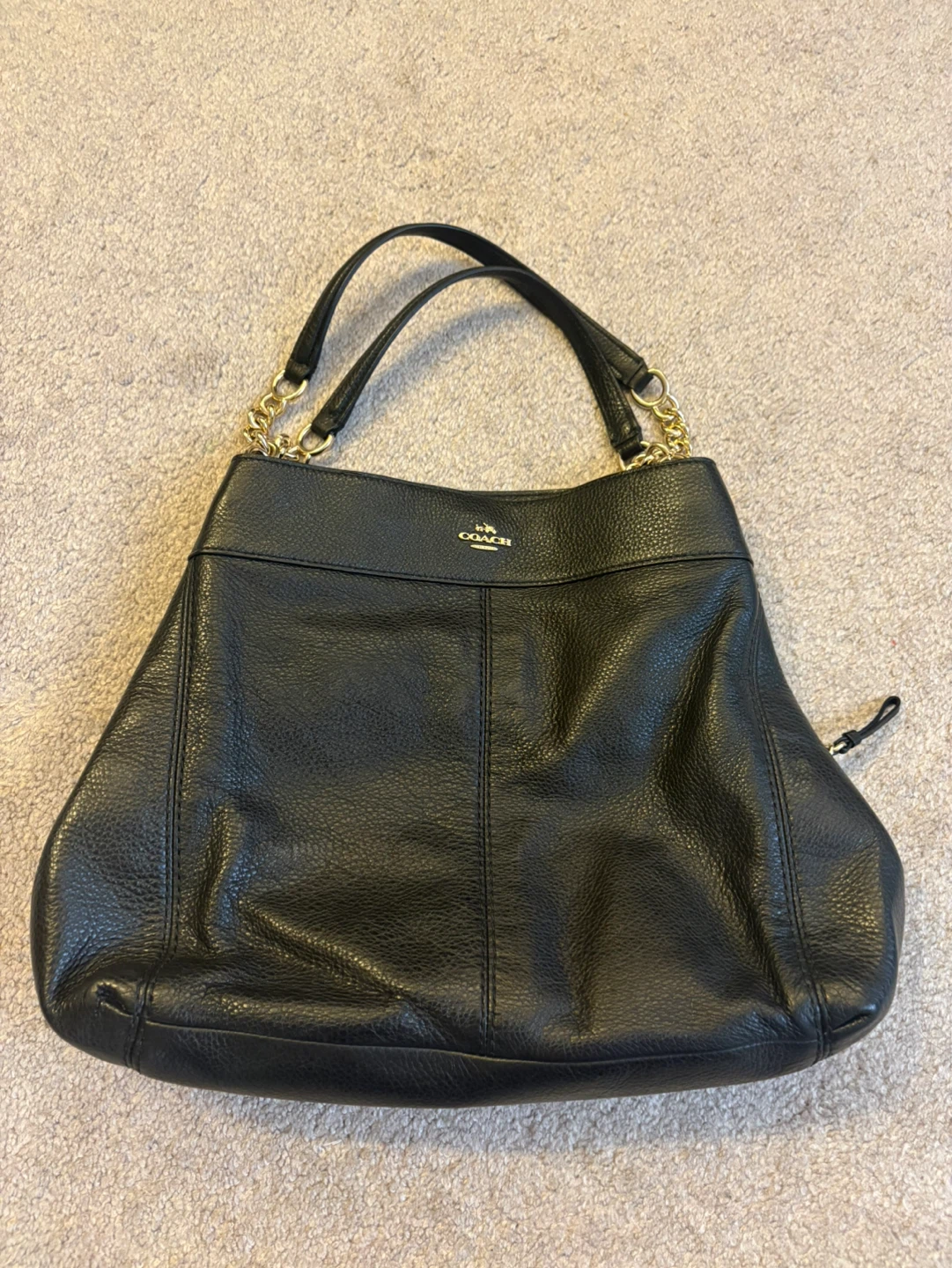 Black Leather COACH Shoulder Bag with Gold Chain Accents
