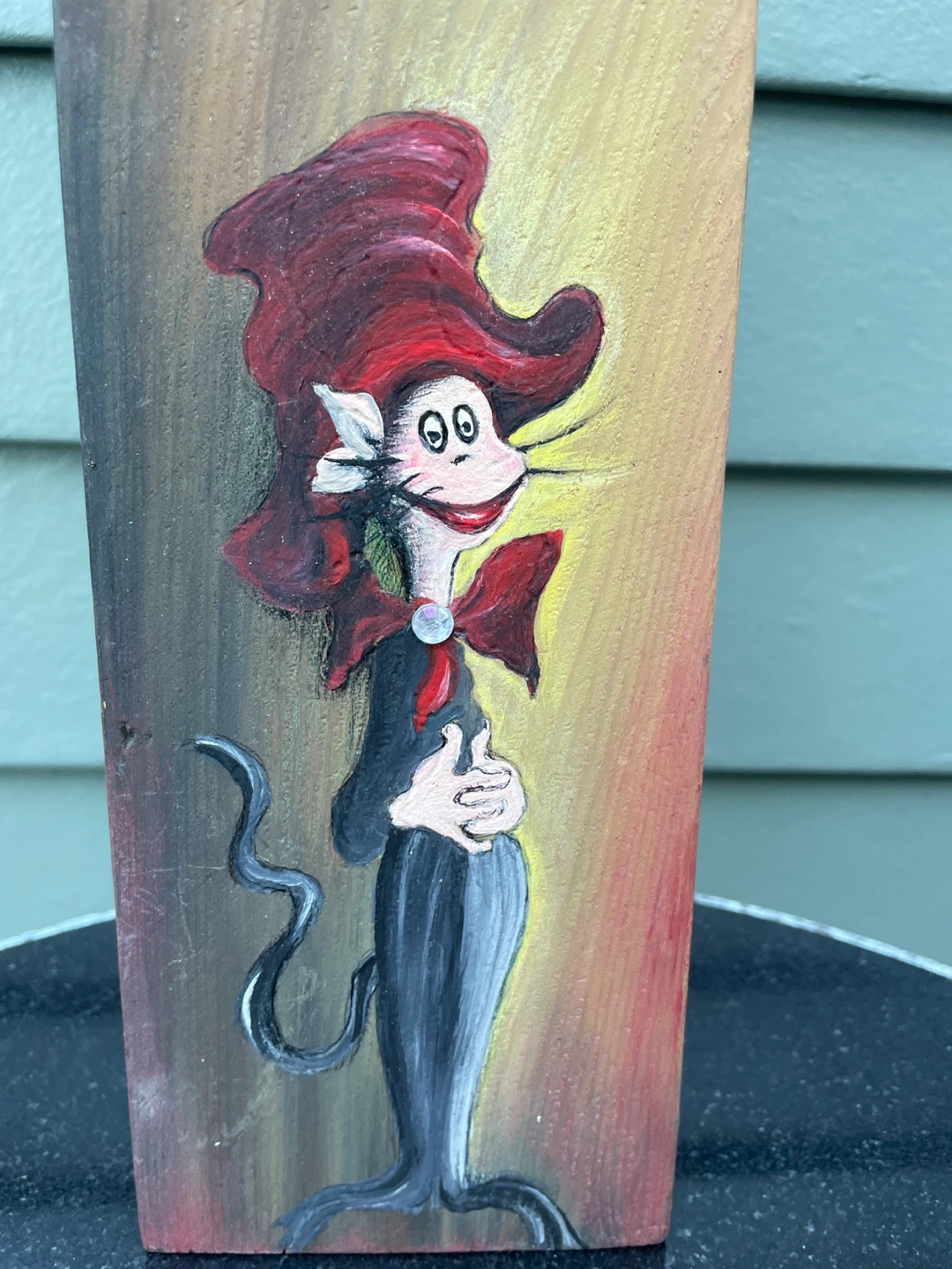 Hand Painted Whimsical Cat Folk Art Reclaimed Wood Block - photo 4