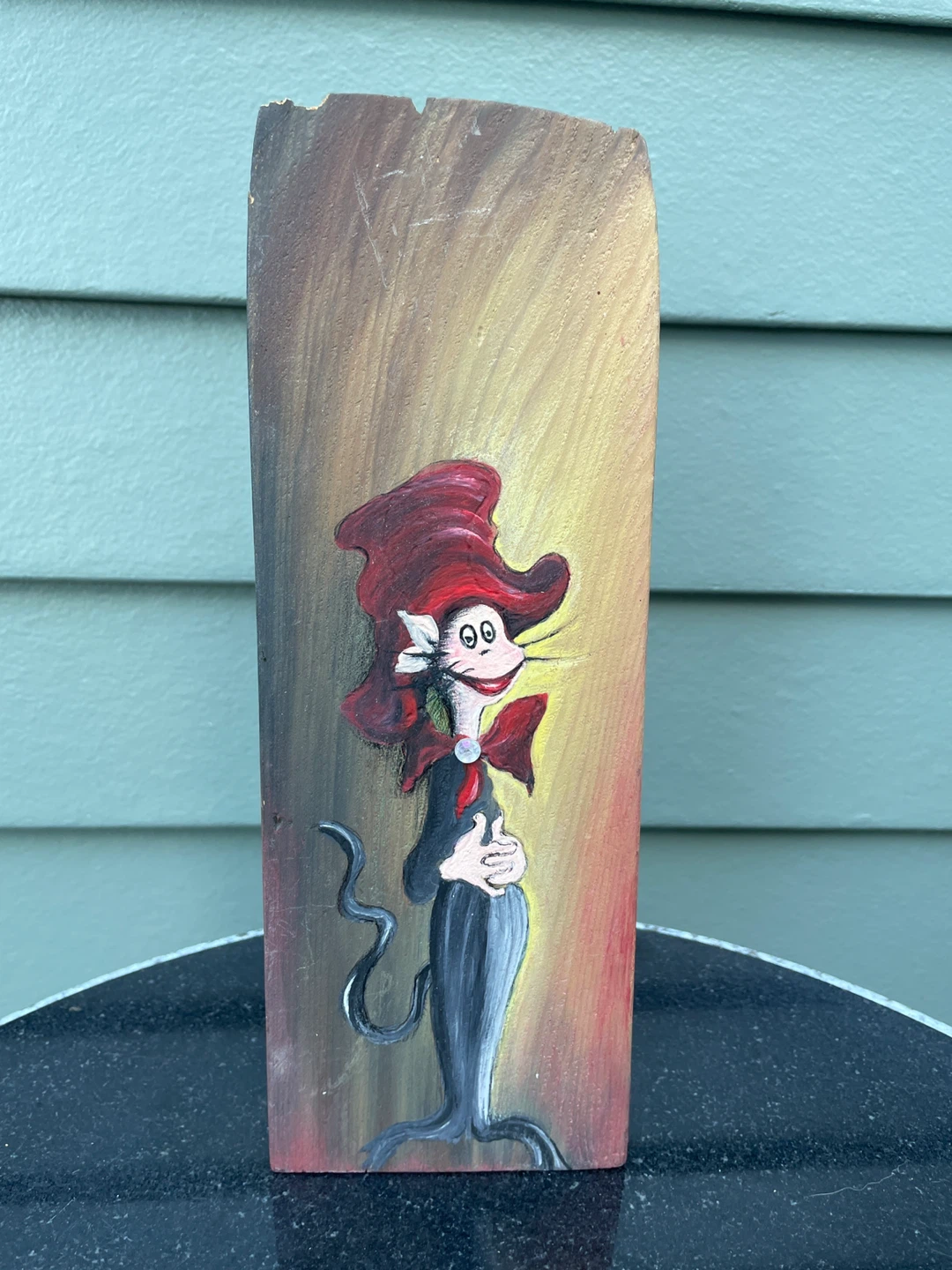 Hand Painted Whimsical Cat Folk Art Reclaimed Wood Block - photo 2