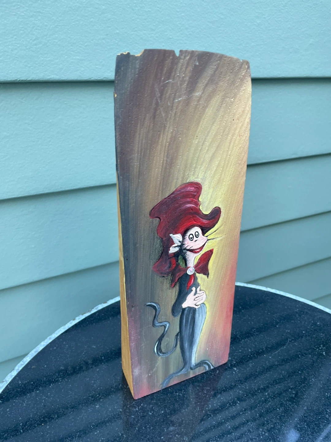Hand Painted Whimsical Cat Folk Art Reclaimed Wood Block - photo 3