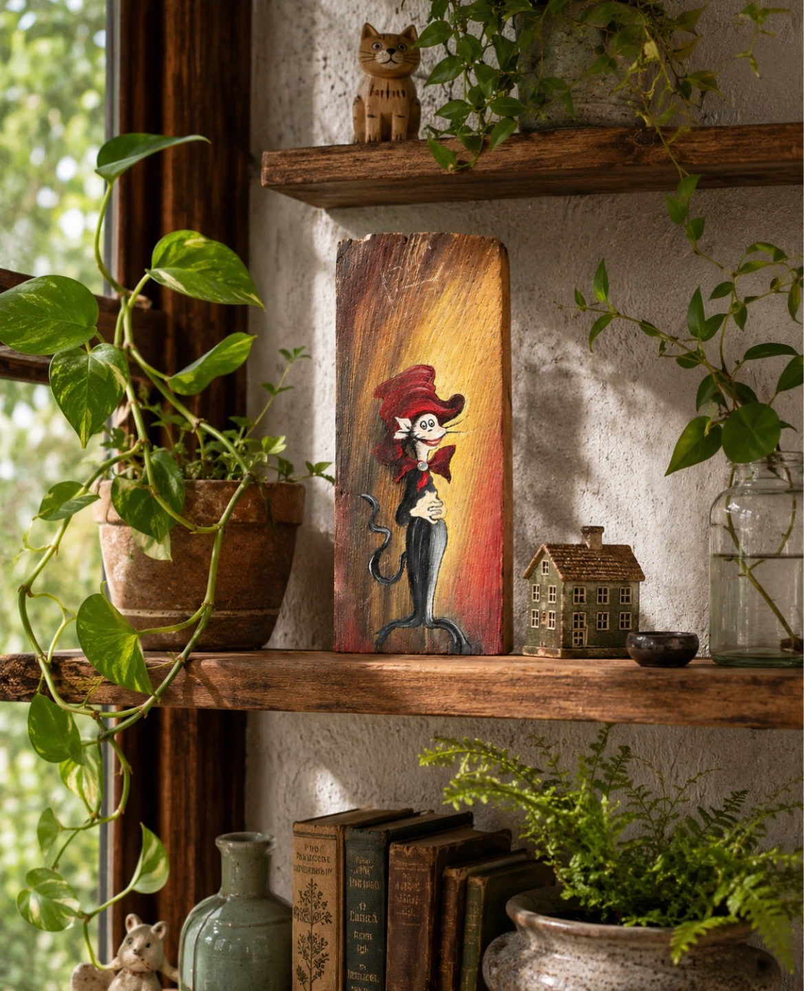Hand Painted Whimsical Cat Folk Art Reclaimed Wood Block