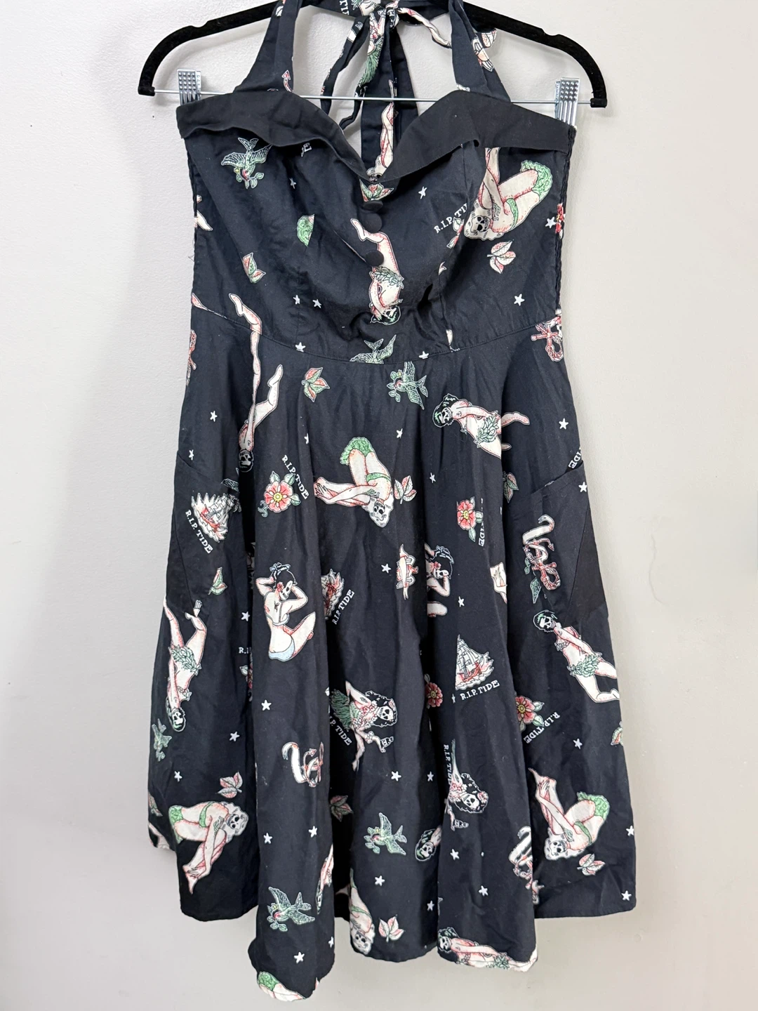 Hell Bunny Lucinda Rip Tide Halter Dress Black with Pockets M - photo 2