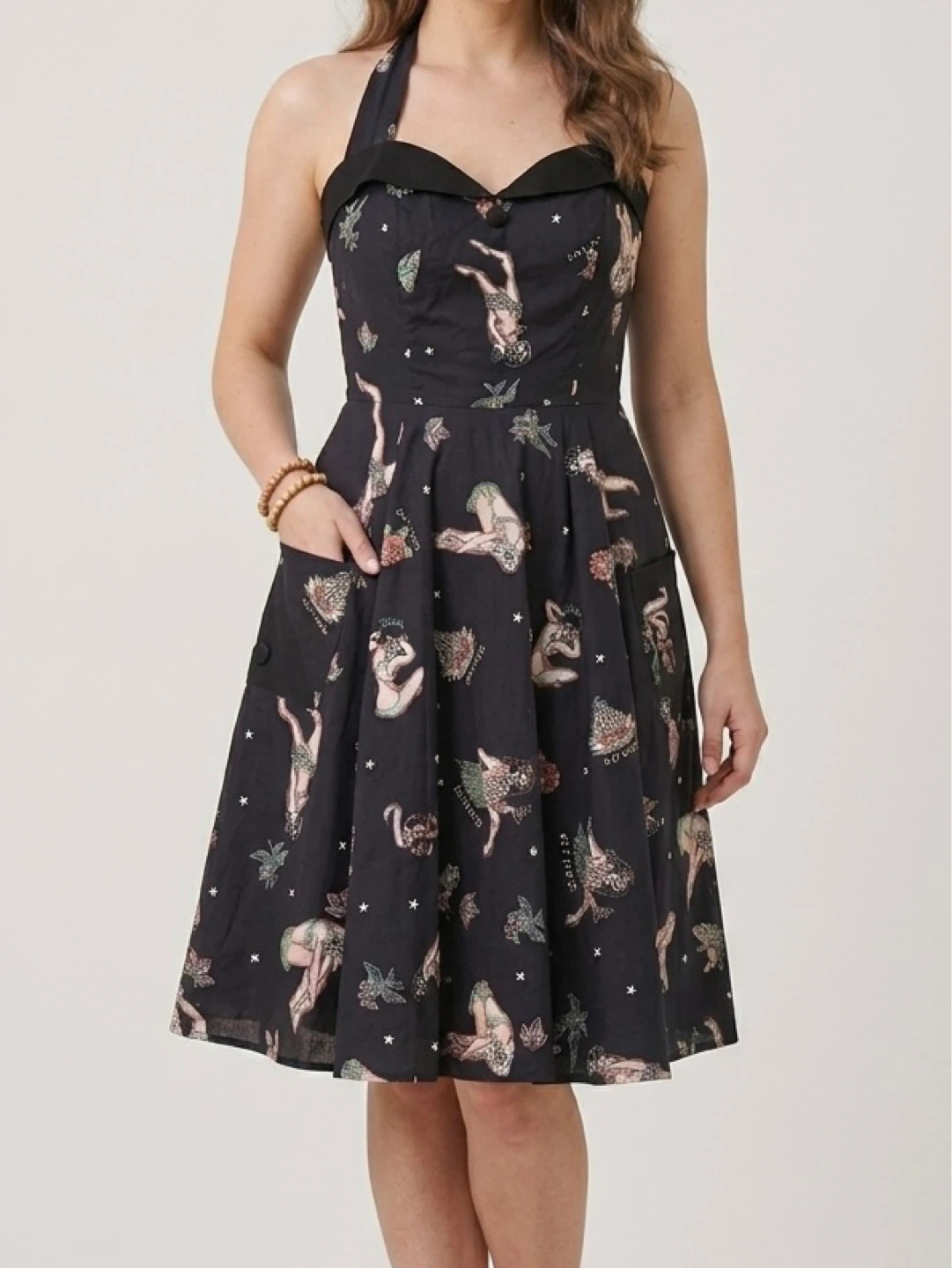Hell Bunny Lucinda Rip Tide Halter Dress Black with Pockets M