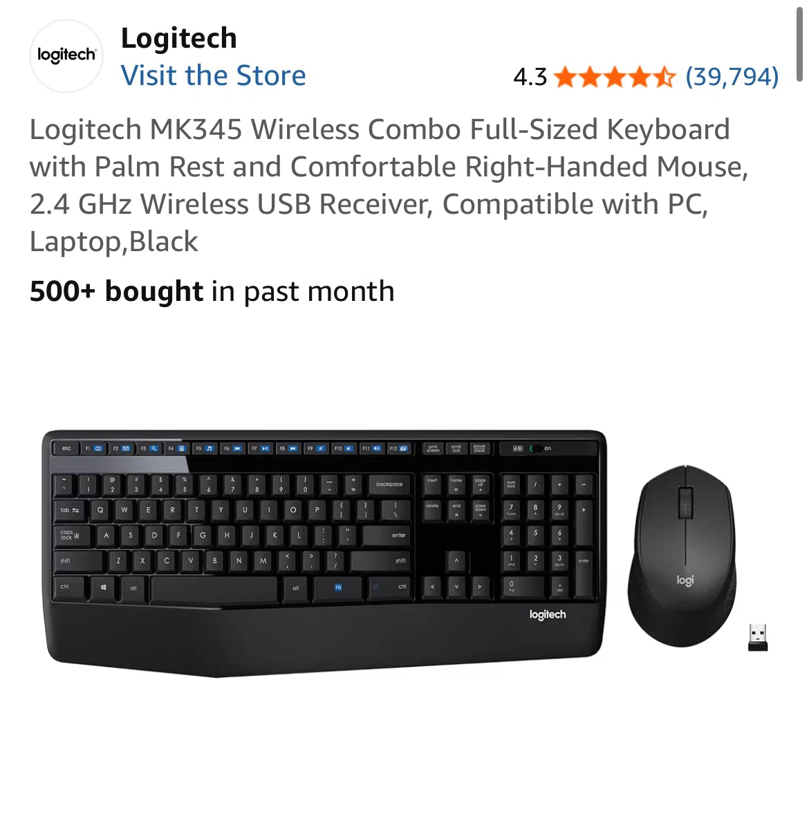 Logitech MK345 Wireless Combo Full-Sized Keyboard and Mouse