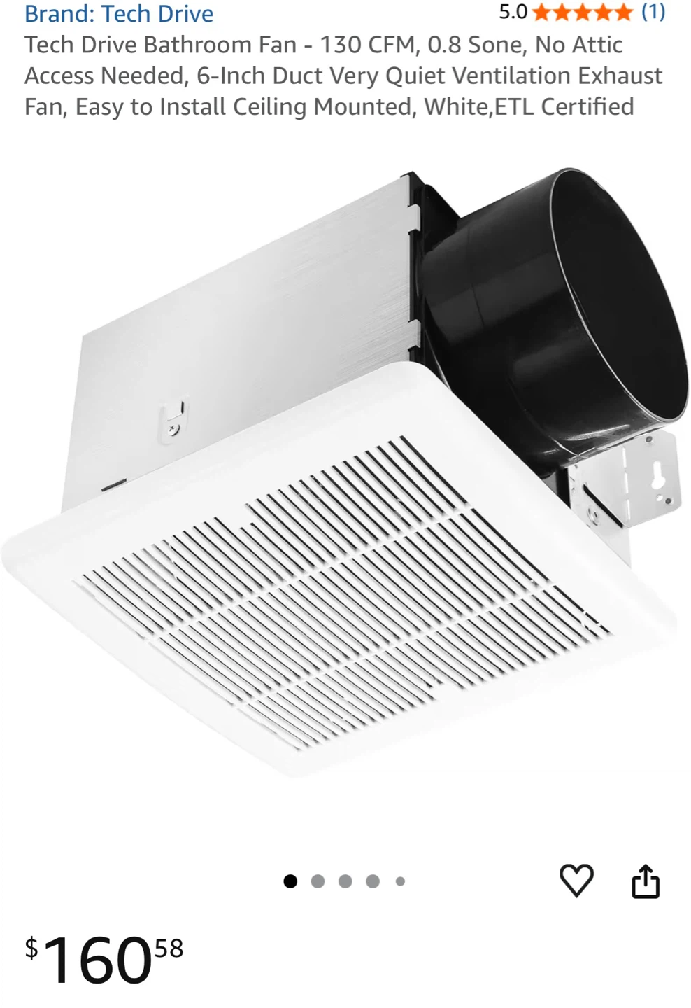 Tech Drive Bathroom Fan - 130 CFM, 0.8 Sone, 6-Inch Duct