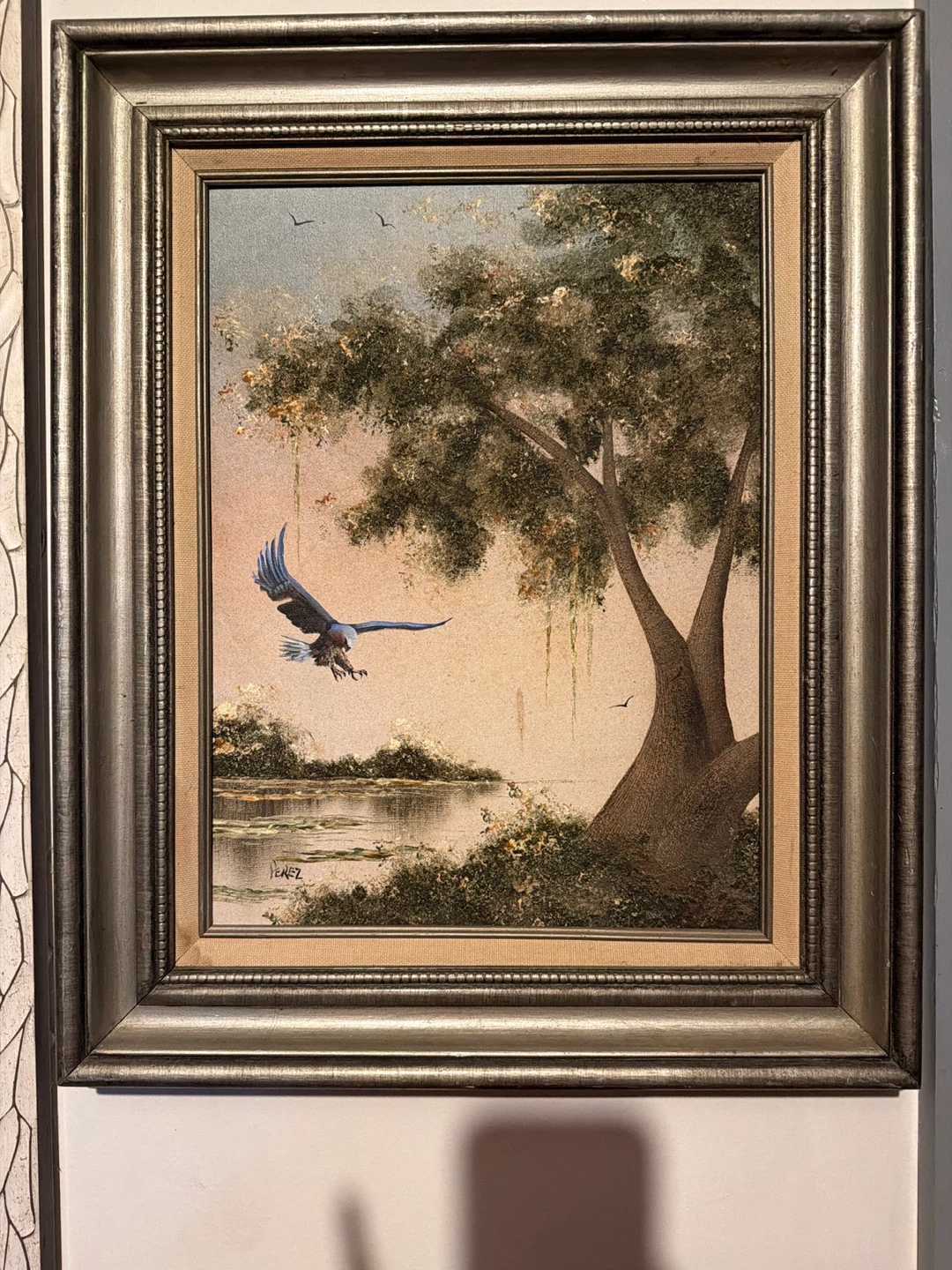 Framed Painting of Eagle Over Water