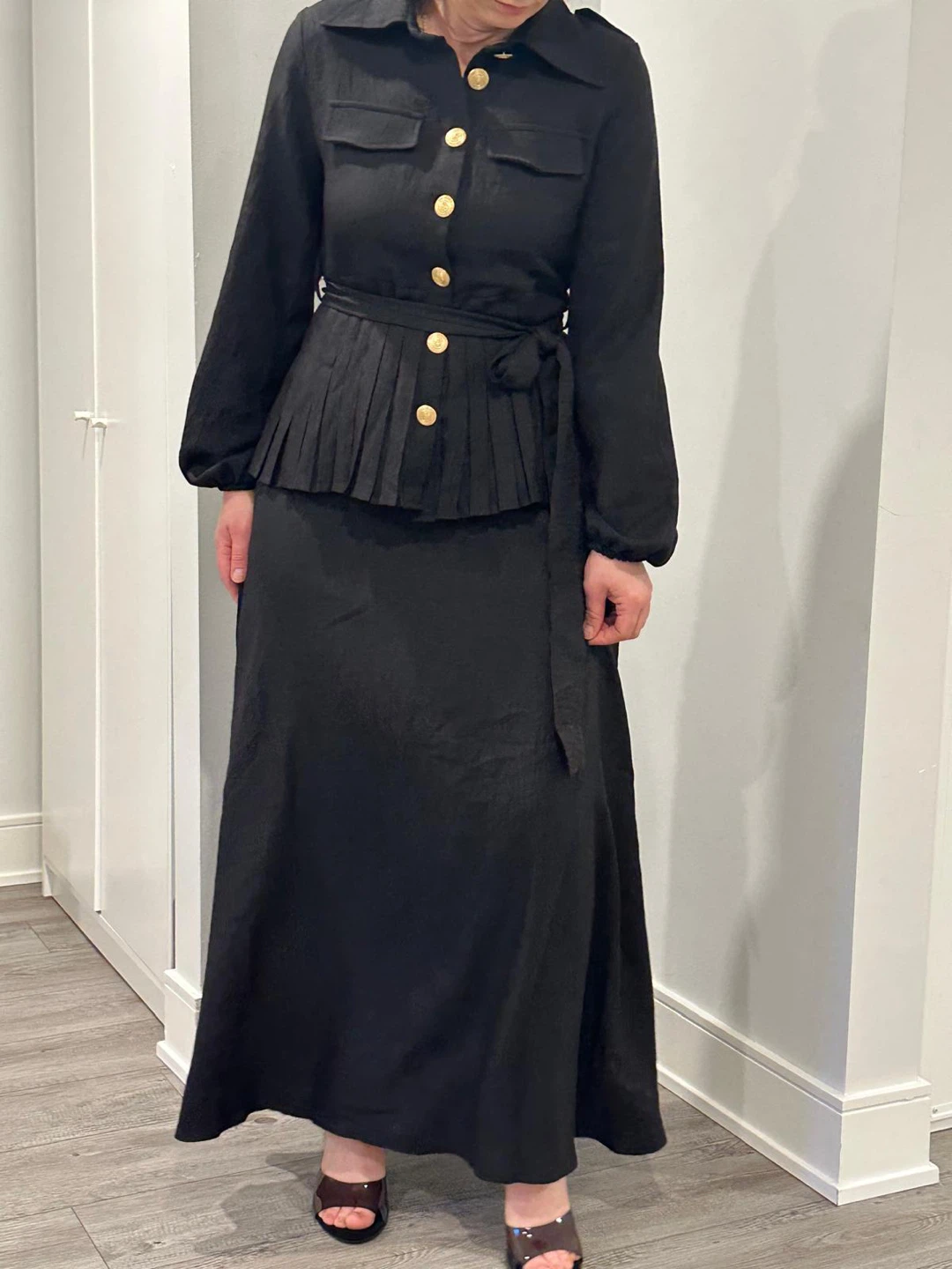 Black Midi Dress with Pleated Waist - photo 2