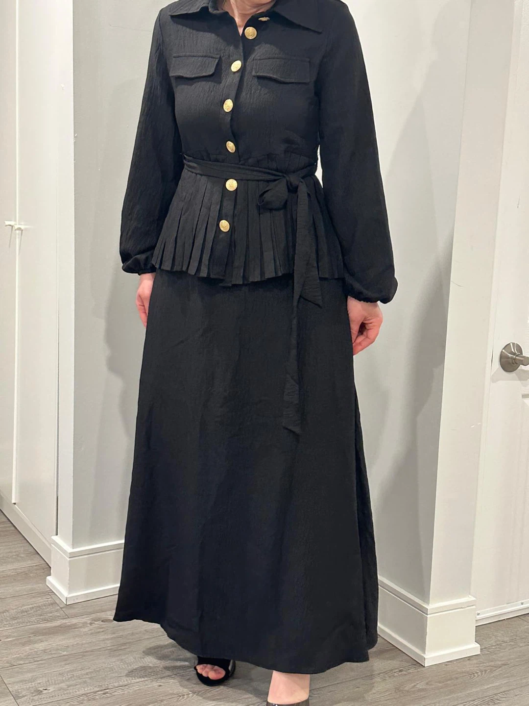 Black Midi Dress with Pleated Waist